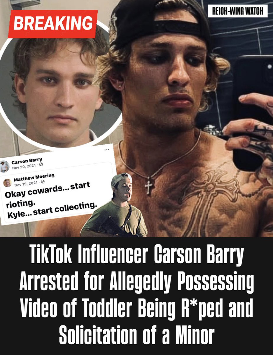 ReichWingWatch's tweet photo. 🚨BREAKING: A TikTok influencer with 737,000 followers between his two TikTok accounts is now out on $1 million bond, and the charges against him are stomach-turning.

Carson Dean Barry, 23, of Mount Pleasant, South Carolina, was arrested September 10 and charged with six felonies: five counts of third-degree s-xual exploitation of a minor and one count of criminal solicitation of a minor. 

South Carolina Attorney General Alan Wilson says each count carries up to 10 years in prison.

Investigators say a CyberTipline report from the National Center for Missing and Exploited Children led them to Barry. They allege he solicited a minor for s-x and possessed files of child s-xual abuse material. 

Police seized a computer tower and two iPhones from his home. On one phone, investigators say they found a 12-second video of a female child between the ages of 2 and 4 being s-xually assaulted by an adult man.

Barry posted a $1 million bond and was released September 13.

Online, Barry built a following of hundreds of thousands across two TikTok accounts, @icarsonlocked and @icarsonbarry2, racking up tens of millions of likes. 

He also has a substantial following on Instagram and promoted his OnlyFans account on X by posting thirst-trap photos.

His feed shows a steady diet of right-wing content, including a post mocking left-wing protesters and jokes about gas prices under President Biden. 

A comment on his page from November 2021 read, “Okay cowards... start rioting. Kyle... start collecting,” a reference to Kyle Rittenhouse, who had just been acquitted of homicide charges.

The story has not made national headlines or generated outrage in right-wing media despite Barry’s large online following. 

It’s worth noting that Barry is a white Christian conservative male and not transgender, a drag queen, Muslim, or undocumented immigrant.

We will update as the story develops.
