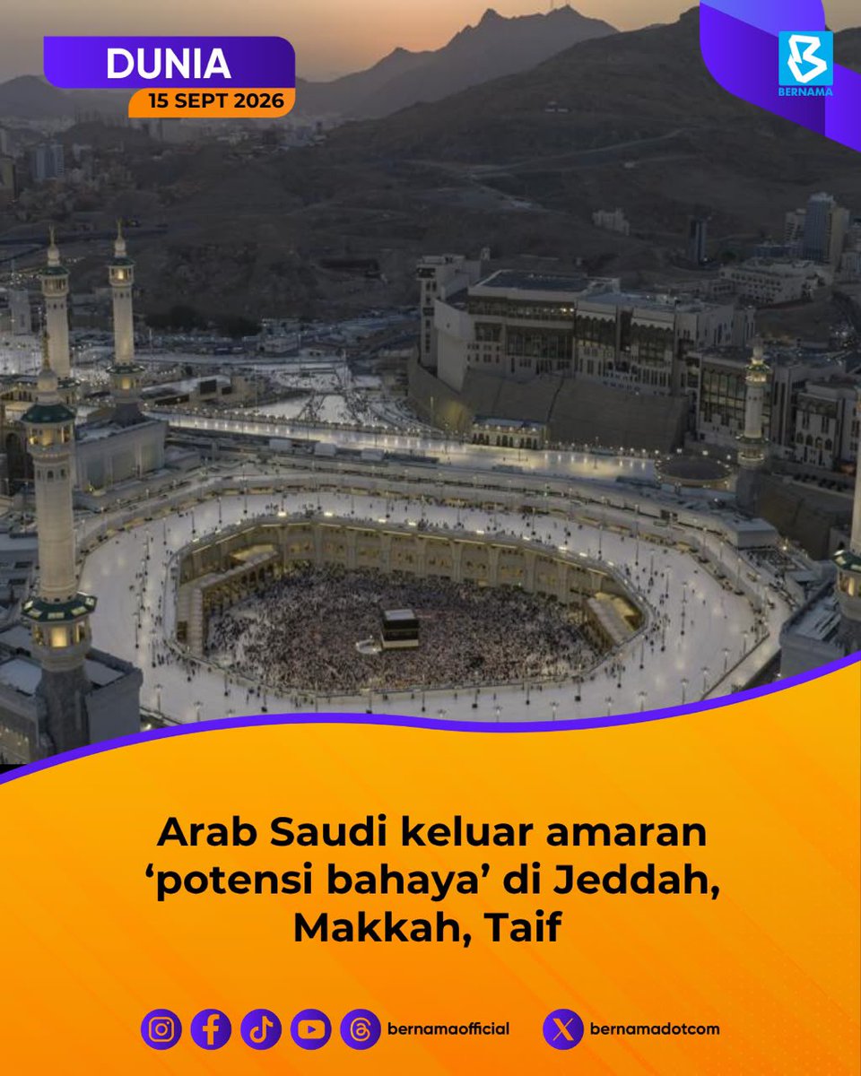 bernamadotcom's tweet photo. Arab Saudi pada Selasa mengeluarkan amaran kecemasan mengenai “potensi bahaya” di Jeddah, Makkah dan Taif di barat negara itu, sambil menggesa penduduk berlindung dan mematuhi arahan keselamatan rasmi, lapor Anadolu Ajansi (AA).

Menurut Pertahanan Awam Arab Saudi, amaran itu dikeluarkan menerusi Platform Amaran Awal Nasional bagi Kecemasan.

Pertahanan Awam Arab Saudi kemudian menerusi hantaran di X memaklumkan bahawa “bahaya telah berlalu”, sambil menggesa orang ramai supaya tidak berhimpun dan merakam kejadian.

Pihak berkuasa tidak memperincikan bentuk potensi bahaya berkenaan, menurut Anadolu.

Menerusi amaran itu, penduduk digesa supaya bertenang dan segera menuju ke tempat selamat terdekat, sebaik-baiknya di dalam bangunan atau bilik bahagian dalam yang jauh dari tingkap, serta kekal berada di situ sehingga bahaya berlalu.

Pertahanan Awam turut menasihatkan orang ramai supaya menjauhi kawasan terbuka, tingkap, balkoni dan bumbung bangunan, manakala mereka yang berada di luar diminta memasuki bangunan terdekat atau berlindung di sebalik penghadang kukuh.

Pemandu yang menerima amaran itu diarahkan berhenti di tempat selamat yang jauh dari jambatan dan bangunan tinggi, manakala orang ramai digesa mengelakkan kawasan tumpuan serta lokasi berbahaya dan mematuhi arahan menerusi saluran rasmi.

Amaran itu dikeluarkan ketika pertempuran antara Arab Saudi dan kumpulan Houthi semakin memuncak, dengan kumpulan itu melancarkan beberapa serangan peluru berpandu dan dron terhadap bandar serta infrastruktur Arab Saudi sejak beberapa hari kebelakangan ini.

Tentera Arab Saudi bertindak balas dengan melancarkan serangan terhadap kedudukan Houthi di Yaman.

#BernamaNews