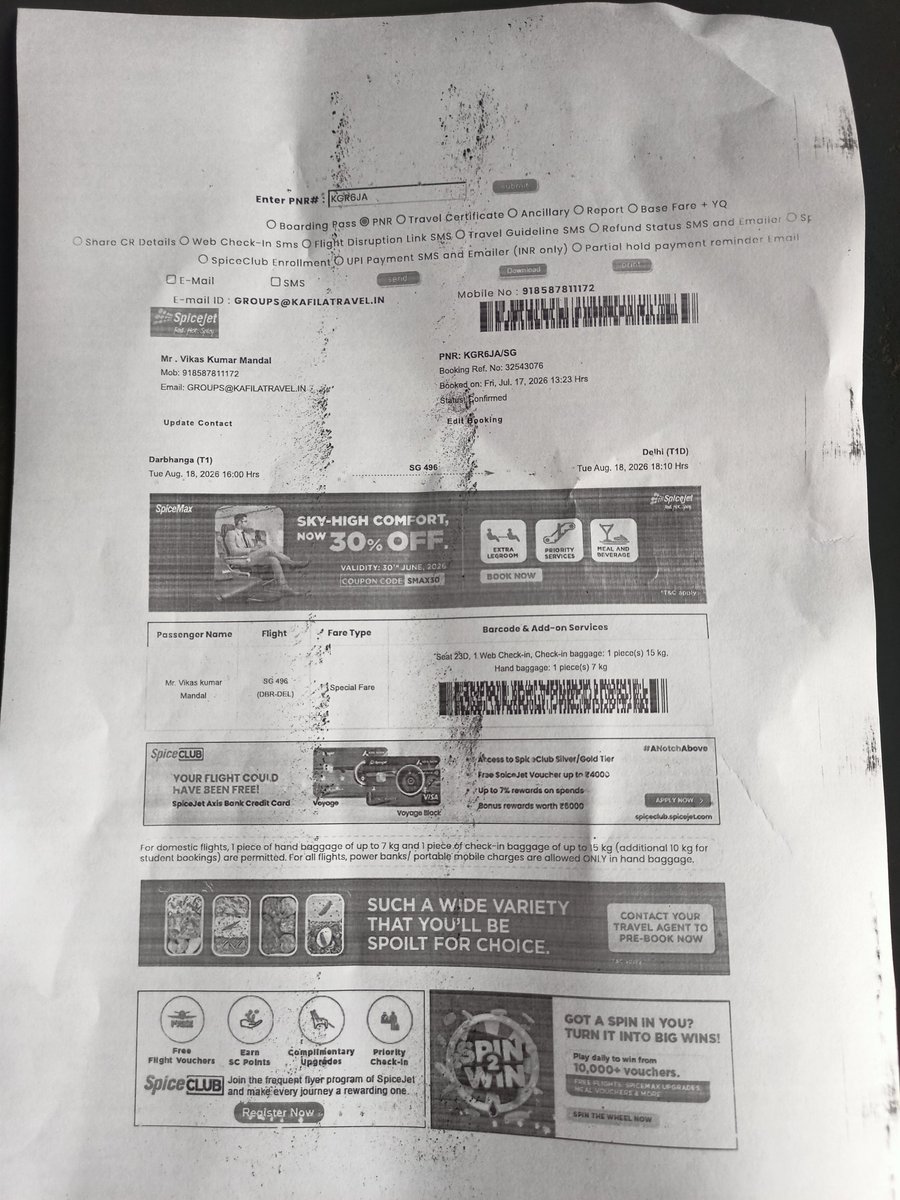 StockTalk007's tweet photo. @flyspicejet @goibibo @MoCA_GoI
My refund is still unresolved for SG496 (Darbhanga–Delhi), PNR V964FY.
The flight on 16 Aug 2026 was cancelled by SpiceJet. At the airport, I chose the rescheduling option offered by SpiceJet and was issued a new PNR KGR6JA for 18 Aug. That flight https://t.co/sDuj4ClUGf