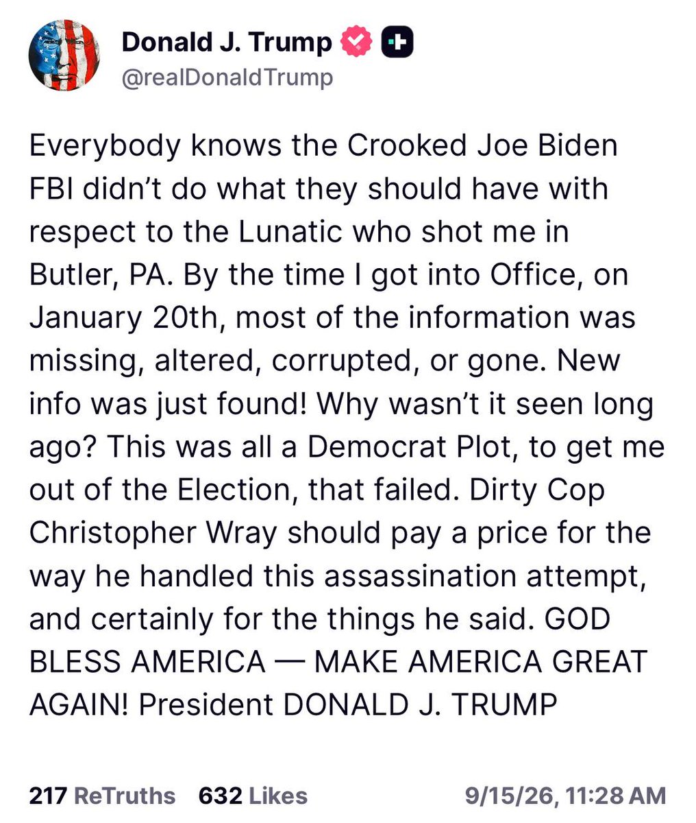 AndrewKolvet's tweet photo. NEW — President Trump blasts Joe Biden's FBI and former Director Christopher Wray after new revelations emerge that attempted assassin Thomas Crooks had packages of gun parts delivered to him under the pseudonym "Bob Dole," and that an anonymous donor paid for his body to be cremated.