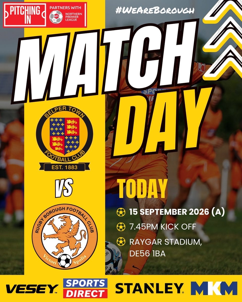 Rugbyboroughfc's tweet photo. It’s a quick turnaround for Boro as tonight we head to Belper 🛣️

🏆 @NorthernPremLge 
🆚 @BelperTownFC 
📆 TONIGHT
⏰ 7.45pm KO
📍 The Raygar Stadium, DE56 1BA

#WeAreBorough #BoroughFootball #RugbyBoroughFC https://t.co/9wwLlb9cEg