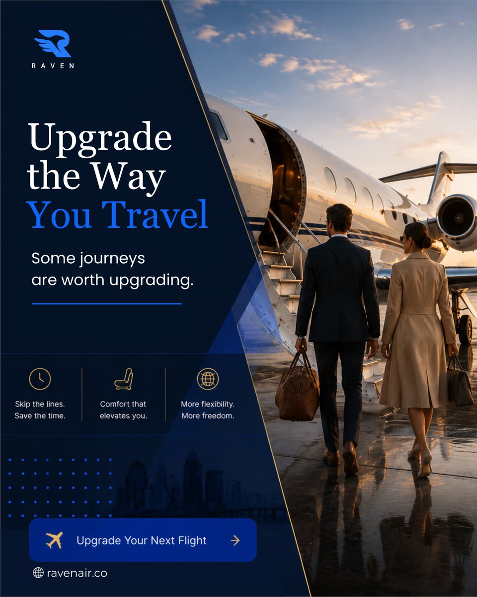 Ravenmobilityco's tweet photo. Some journeys are worth upgrading. 🛩️🕶️✨ 

Skip long check-in lines, relax in elevated cabin comfort, and enjoy flexible schedules built for total peace of mind. Raven delivers the ultimate travel upgrade every single time you fly. 💼🛫 

What is the first thing you look forward to when upgrading your flight?👇 Share your thoughts below! 

Elevate your standards without compromise. 
🚀 Book your ticket and upgrade your flight at https://t.co/wHqFYRoOIt 

(travel upgrade, executive lifestyle, semi-private jet, luxury travel, premium flight) 

#ravenair #semiprivateflying #luxuryaviation #executivetravel #jettravel