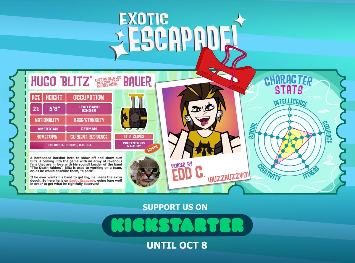 ExoticEscapade's tweet photo. RE-INTRODUCING our wild frontman! Hugo ‘Blitz’ Bauer! 🐺

Ready for his world tour! Going lone wolf, no doubt in winning it all on EXOTIC ESCAPADE! ✨

🔗 Support the EE Kickstarter TODAY! 🌴🌟💫 https://t.co/aHM466pJ8s

#eetwt #ExoticEscapade https://t.co/xtt7KxOiFV