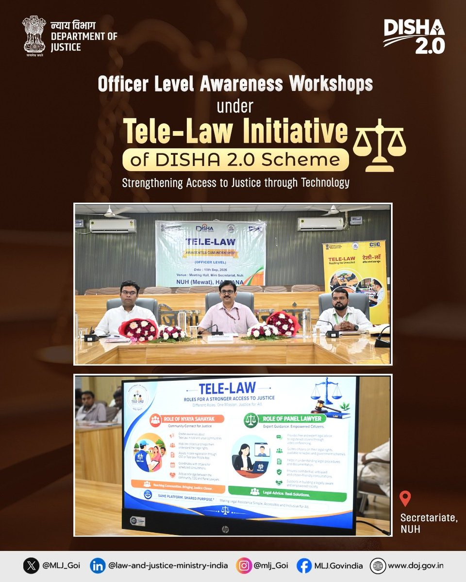 MLJ_GoI's tweet photo. Empowering Grassroots Justice Through Technology!

An Officer-Level Awareness Workshop under the Tele-Law Initiative (DISHA 2.0 Scheme) was convened today at the Mini Secretariat, Nuh. Chaired by Shri Suresh Kumar, Joint Secretary, Department of Justice, https://t.co/AzTAcaP6wE