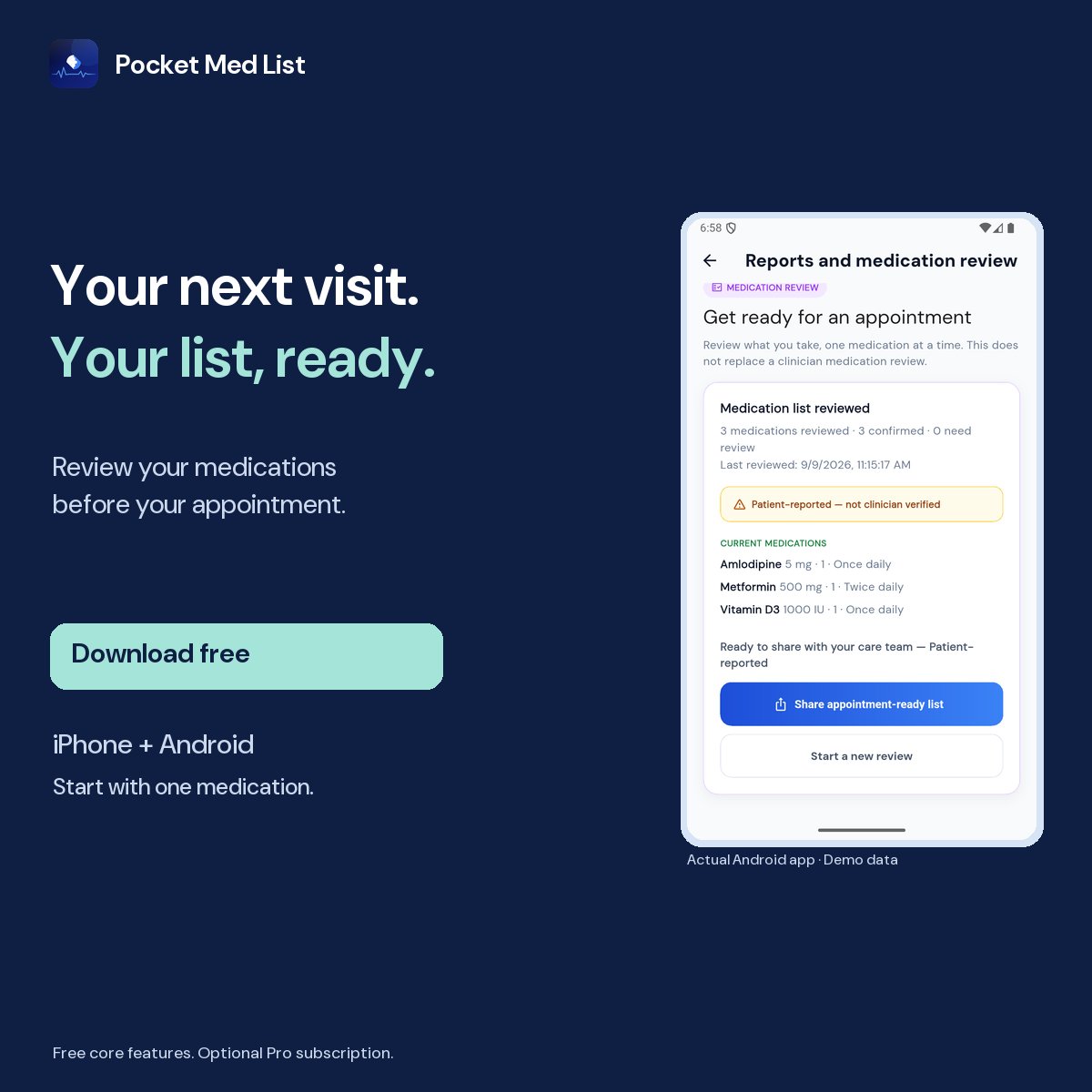 PocketMedList's tweet photo. ‘What medications do you take?’ Have your list ready.

Pocket Med List: medications, reminders and trusted caregiver sharing. Free core tools; optional Pro.

iPhone: https://t.co/NGoBR5gluY
Android: https://t.co/SY47FcHwyW https://t.co/2PYlgWA2eM