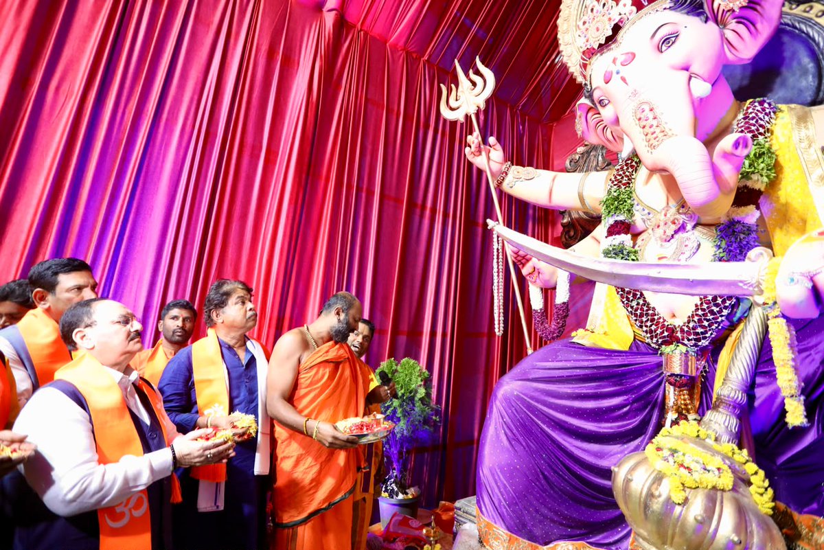 BJP4India's tweet photo. Union Minister Shri @JPNadda participated in Sri Ganesh Pooja in Yalahanka, Bengaluru.

Glimpses ⬇️ https://t.co/qz4tUr0y8z