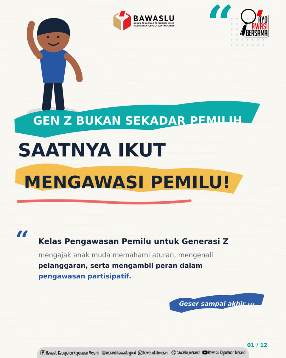 Bawaslu_Meranti's tweet photo. 🗳️ GEN Z BUKAN SEKADAR PEMILIH, SAATNYA IKUT MENGAWASI PEMILU!

#SahabatBawaslu, Generasi muda memiliki peran penting dalam menentukan masa depan demokrasi. Namun, besarnya peran tersebut juga harus dibarengi dengan pemahaman kepemiluan, kemampuan mengenali pelanggaran, https://t.co/7sQyGChwgK