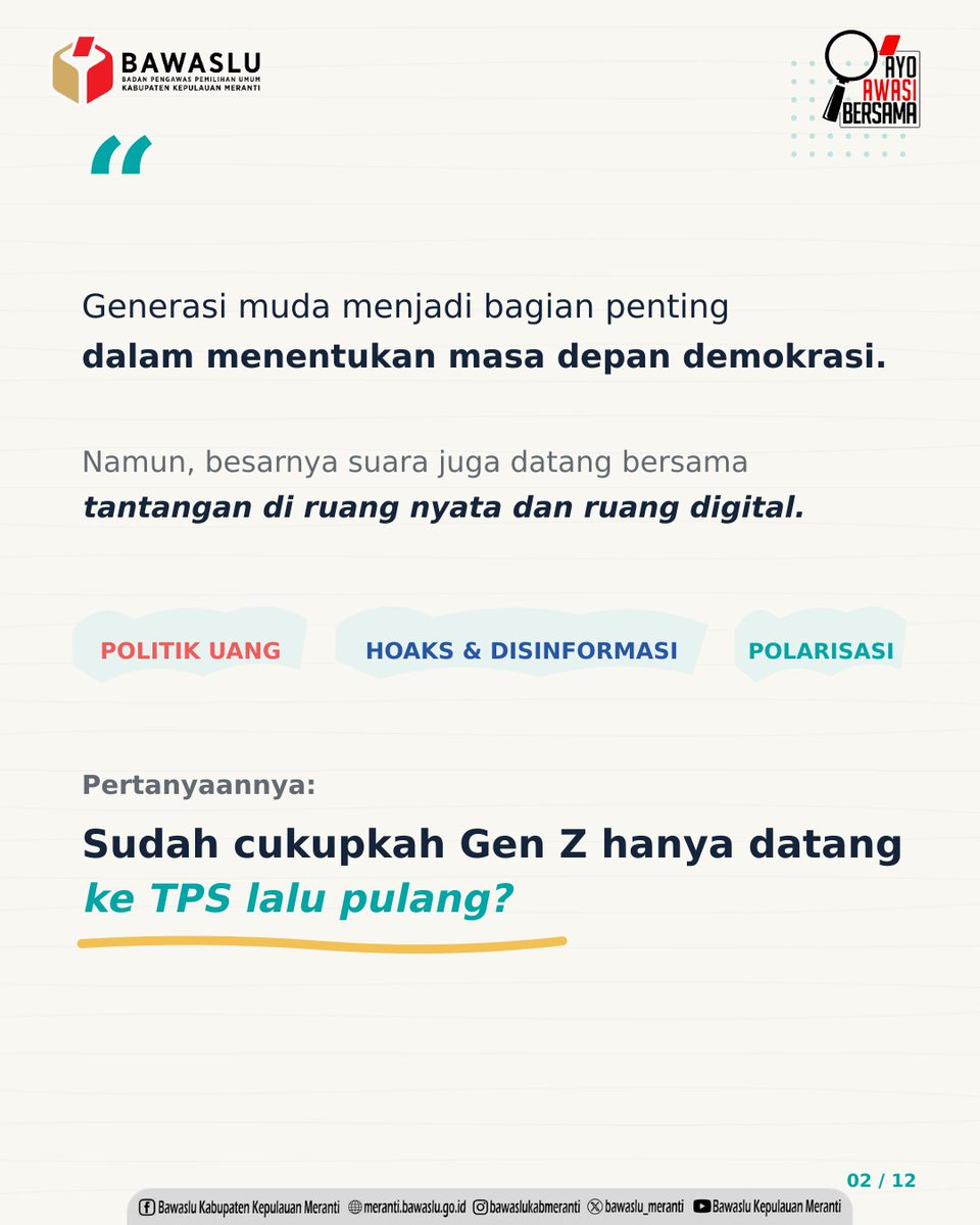 Bawaslu_Meranti's tweet photo. 🗳️ GEN Z BUKAN SEKADAR PEMILIH, SAATNYA IKUT MENGAWASI PEMILU!

#SahabatBawaslu, Generasi muda memiliki peran penting dalam menentukan masa depan demokrasi. Namun, besarnya peran tersebut juga harus dibarengi dengan pemahaman kepemiluan, kemampuan mengenali pelanggaran, https://t.co/7sQyGChwgK