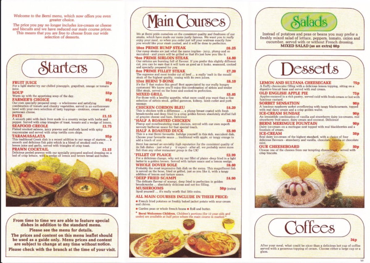MarkSadler66075's tweet photo. @higginscartoons Usually a Berni Inn... by the early 80s they'd moved with the times, a little... even had taramasalata as a starter. Good old fruit juice still there though. https://t.co/wo8uiWn22i