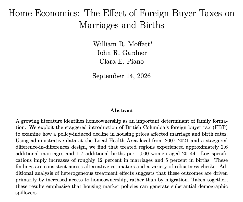 clara_jace's tweet photo. Our grad students here at Ole Miss are so good. 

One of our rising stars, @WillRMoffatt (4th year), developed this idea for his term paper in my Family Economics course. We joined forces with our resident master of econometrics, John Gardner, to give our best answer to this question: Could a foreign buyer tax raise marriage and birth rates? Read all about it below. 

https://t.co/5pCn70K99J