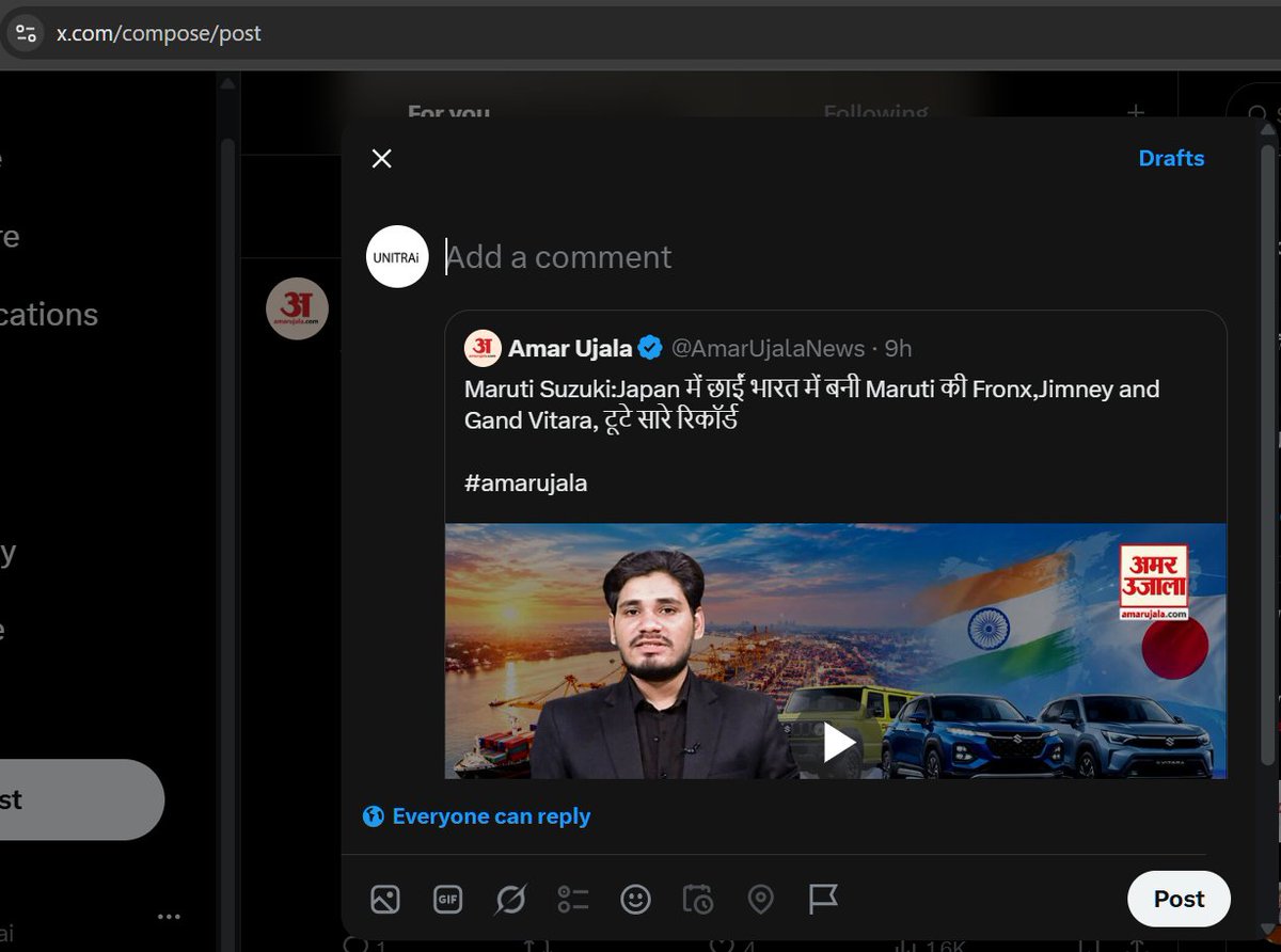 Unitrai's tweet photo. @AmarUjalaNews will be Amar ujala 🤣
BTW which car is Gand Vitara @Maruti_Corp @WoxWire @soorajforge #woxwire

#TYPO Please don't mind!!!

Screenshot is attached of actual post as it was available on X. https://t.co/yxA1pBnrMX