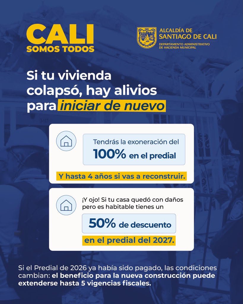 ClaraLuzRoldan's tweet photo. Esto está muy bien!!, aplausos para medidas de alivio del @ConcejoCali_ y la @AlcaldiaDeCali

Hoy la ciudad está para su gente:

- 0 predial por 4 años para viviendas colapsadas si se va a construir.

- 0 predial por 3 años para lotes de edificios colapsados.

- -50% del predial del 2027 para viviendas afectadas pero habitables.

- 0 intereses en prediales atrasadas de los últimos 5 años para todo Cali hasta 31 de diciembre de 2026.

- 0 intereses en prediales atrasados de los últimos 5 años para damnificados hasta 31 de diciembre de 2027.

- Descuentos en el ICA del 20% para damnificados registrados en el RUD

@alejoeder, @AudryToro ,@ConcejalTania, @henpelaez, @soycarlosaarias, @robertoortizu , @ladaniplaza, @PinillaConcejal, @FabioArroyave, @James10Agudelo , @flowerojas_, @rodrisalazarco, @carlospatinoco, @MariaCconcejala,@SergioMZamoraB @luisfesalazarg ,@escobarandres90, @jfmurgueitio,@elucumilucumi , @ALEXAHERNANDEZC, @marloncubillos_, @Edison_Concejal