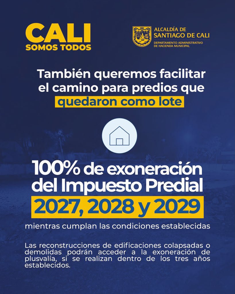 ClaraLuzRoldan's tweet photo. Esto está muy bien!!, aplausos para medidas de alivio del @ConcejoCali_ y la @AlcaldiaDeCali

Hoy la ciudad está para su gente:

- 0 predial por 4 años para viviendas colapsadas si se va a construir.

- 0 predial por 3 años para lotes de edificios colapsados.

- -50% del predial del 2027 para viviendas afectadas pero habitables.

- 0 intereses en prediales atrasadas de los últimos 5 años para todo Cali hasta 31 de diciembre de 2026.

- 0 intereses en prediales atrasados de los últimos 5 años para damnificados hasta 31 de diciembre de 2027.

- Descuentos en el ICA del 20% para damnificados registrados en el RUD

@alejoeder, @AudryToro ,@ConcejalTania, @henpelaez, @soycarlosaarias, @robertoortizu , @ladaniplaza, @PinillaConcejal, @FabioArroyave, @James10Agudelo , @flowerojas_, @rodrisalazarco, @carlospatinoco, @MariaCconcejala,@SergioMZamoraB @luisfesalazarg ,@escobarandres90, @jfmurgueitio,@elucumilucumi , @ALEXAHERNANDEZC, @marloncubillos_, @Edison_Concejal
