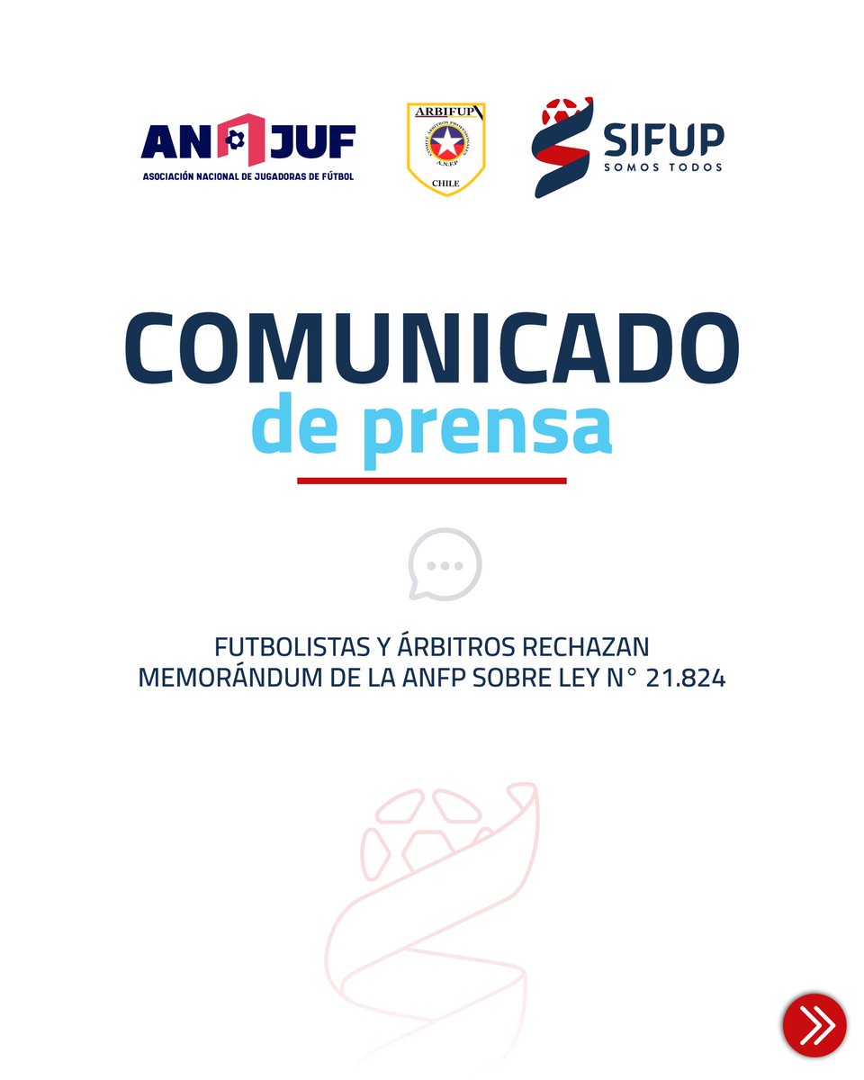 sifup's tweet photo. 📄⚽ El Sifup, ANJUF y el Sindicato de Árbitros Profesionales de Chile rechazamos el memorándum enviado por la ANFP al Ministerio del Deporte respecto de la Ley N.° 21.824.

Creemos que el futuro del fútbol chileno debe discutirse con responsabilidad, argumentos y evidencia, no desde el miedo ni la defensa de estructuras que requieren transformaciones profundas.

Compartimos nuestra declaración. ⬇️