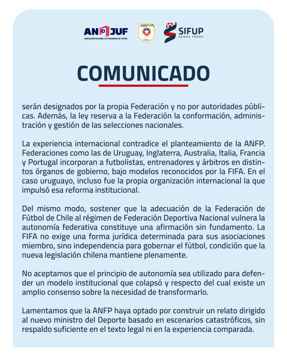 sifup's tweet photo. 📄⚽ El Sifup, ANJUF y el Sindicato de Árbitros Profesionales de Chile rechazamos el memorándum enviado por la ANFP al Ministerio del Deporte respecto de la Ley N.° 21.824.

Creemos que el futuro del fútbol chileno debe discutirse con responsabilidad, argumentos y evidencia, no desde el miedo ni la defensa de estructuras que requieren transformaciones profundas.

Compartimos nuestra declaración. ⬇️