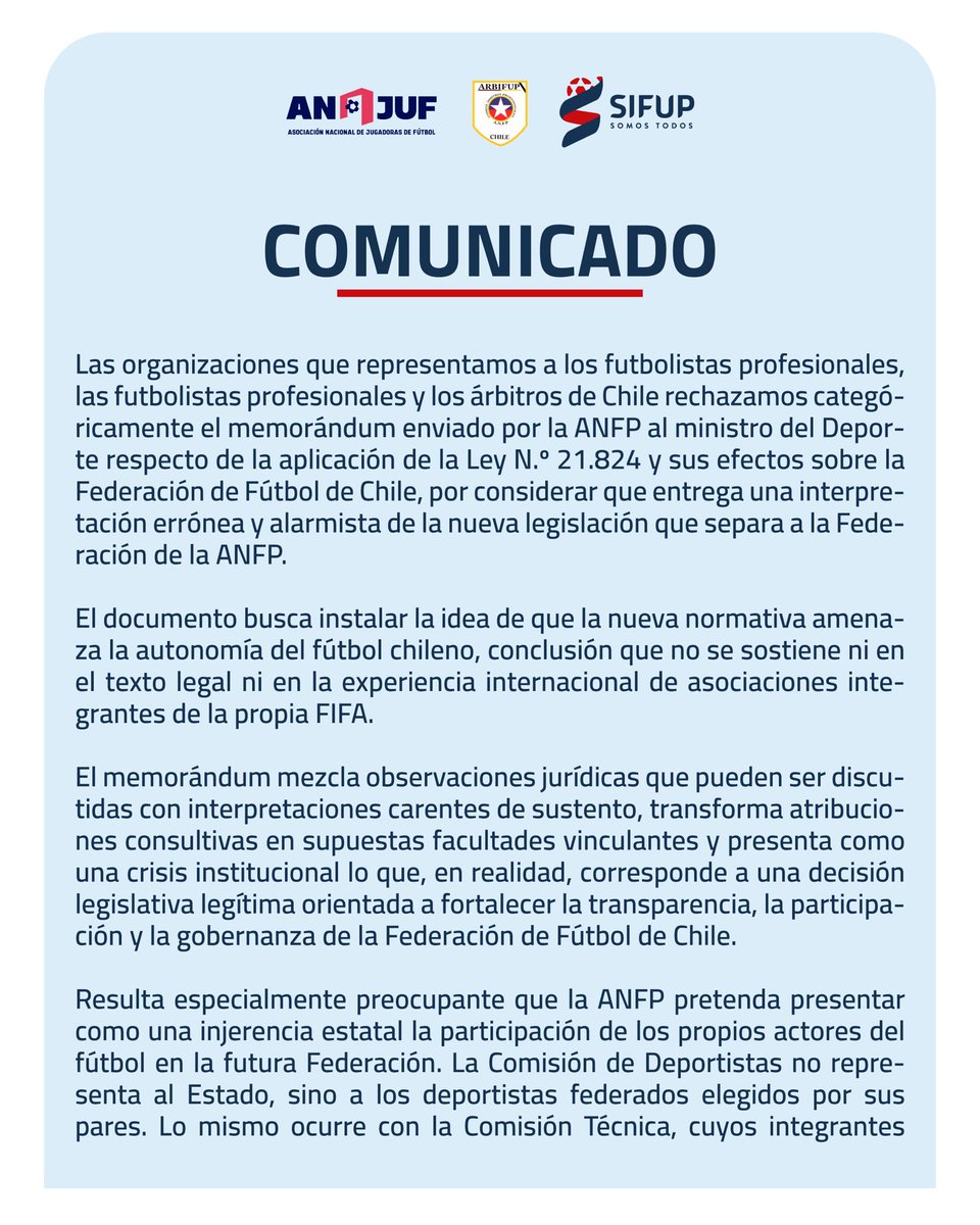 sifup's tweet photo. 📄⚽ El Sifup, ANJUF y el Sindicato de Árbitros Profesionales de Chile rechazamos el memorándum enviado por la ANFP al Ministerio del Deporte respecto de la Ley N.° 21.824.

Creemos que el futuro del fútbol chileno debe discutirse con responsabilidad, argumentos y evidencia, no desde el miedo ni la defensa de estructuras que requieren transformaciones profundas.

Compartimos nuestra declaración. ⬇️