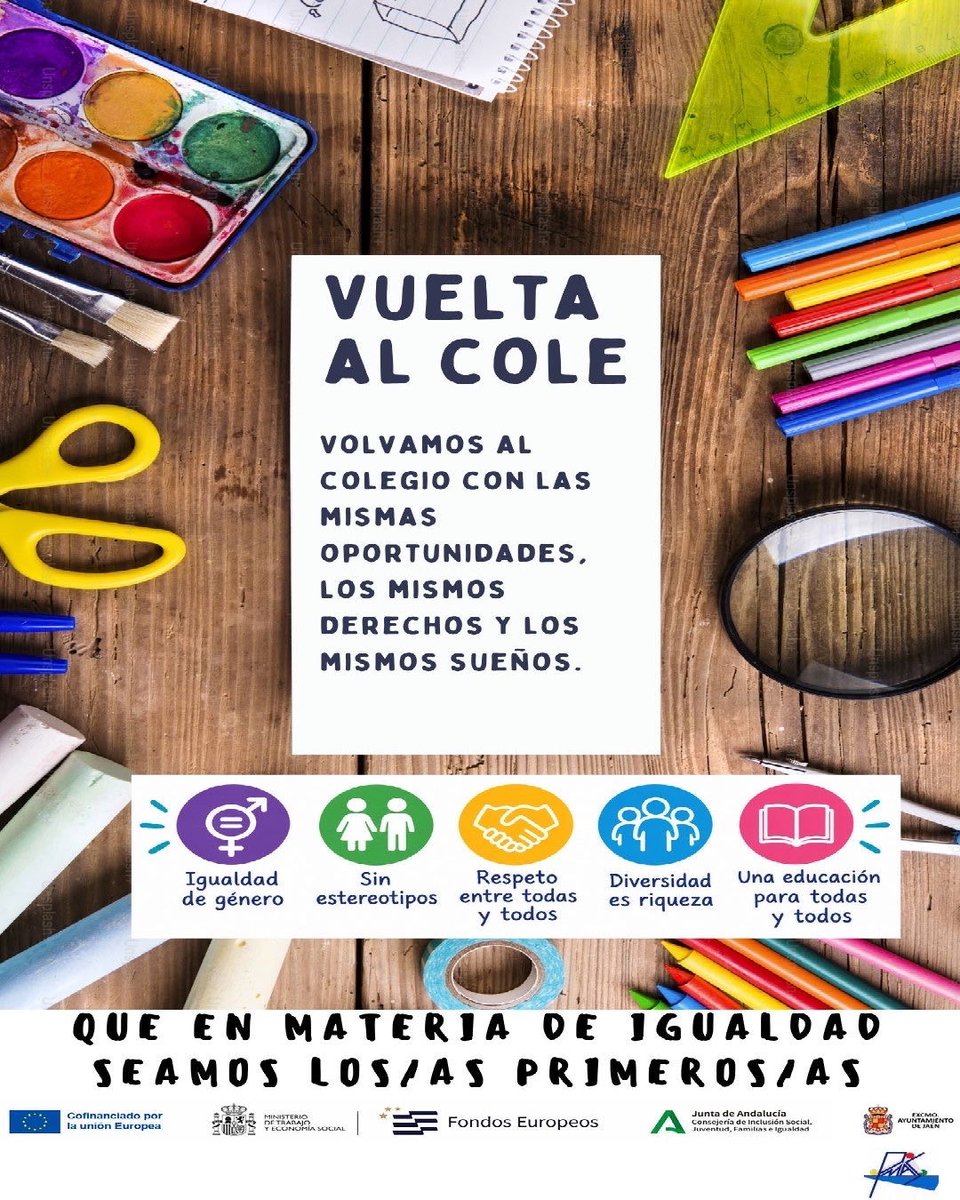 PmasJaen's tweet photo. 🎒📚 VUELTA AL COLE EN IGUALDAD

👧👦 Comienza un nuevo curso y seguimos sumando esfuerzos para construir una ciudad más igualitaria, inclusiva y respetuosa, a través del programa ERACIS+.

@IgualdadAND 
@UE_ANDALUCIA https://t.co/G1jlIV6mHB