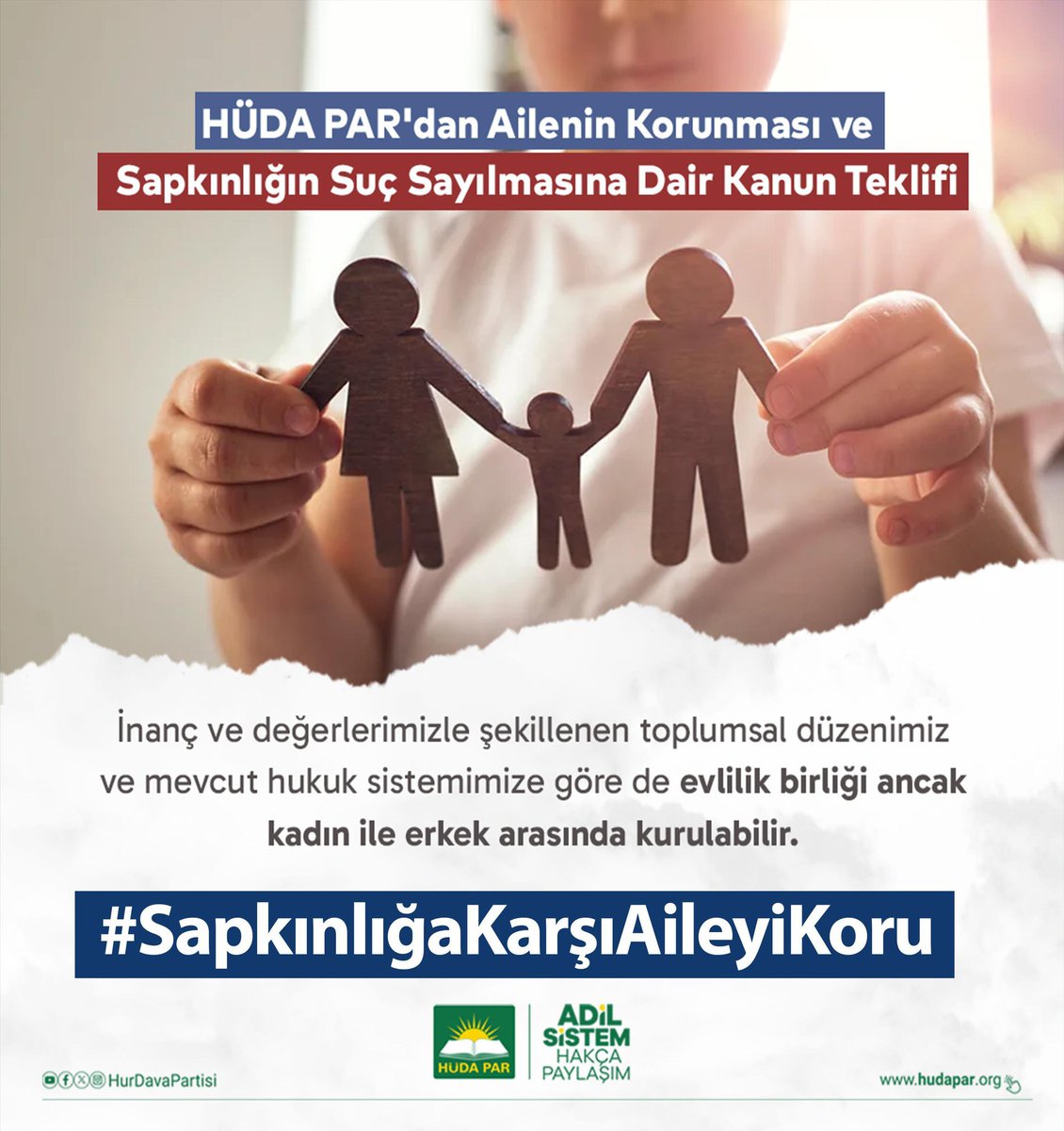 wslt00's tweet photo. Toplumsal bir birliktelik ile ailelerimizi koruyalım

Ailenin korunması ve sapkınlığın suç sayılmasına dair kanun teklifimizin gerekçesinden:

"İnsan, kadın ve erkek olarak yaratılmış olup ancak karşı cinsiyetteki birisi ile evlilik birliği kurabilir."

#SapkınlığaKarşıAileyiKoru https://t.co/s5wP4xofzN
