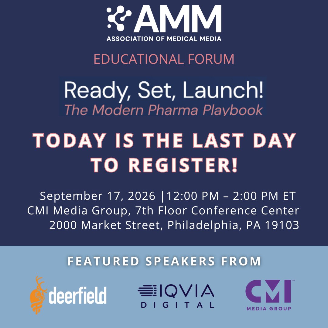 AMMUpdates's tweet photo. Today, September 15, is the final day to register for AMM’s Ready, Set, Launch! The Modern Pharma Playbook, taking place this Thursday, September 17 in Philadelphia.
Don't miss your chance to join us: https://t.co/onS8K6G5hh

#AMM #MedicalMedia #HealthcareMarketing https://t.co/OqxRVsRQgT