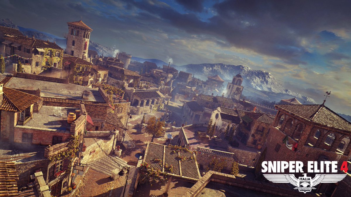 A scenic view of a historical Mediterranean town is depicted, with rustic buildings, a mountainous backdrop, and a partly cloudy sky. The image features the logo "Sniper Elite 4 Italia" in the bottom right corner.