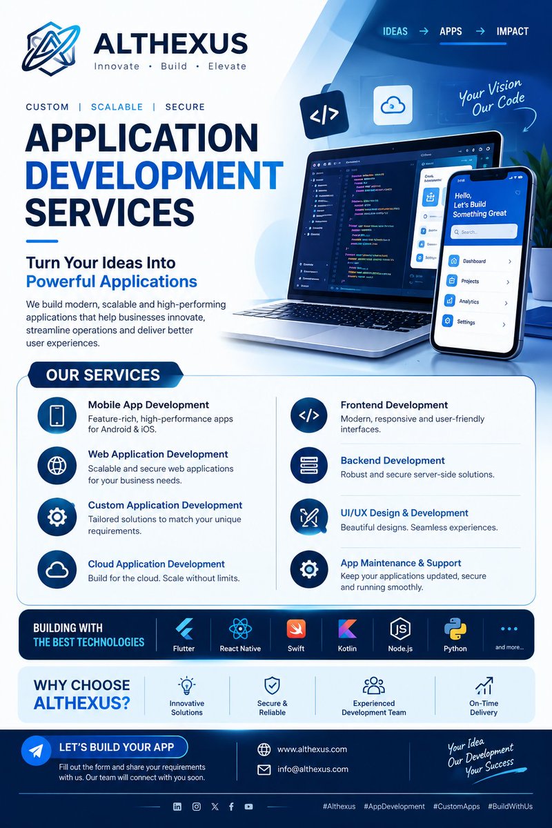 Althexus's tweet photo. 🚀 APPLICATION DEVELOPMENT SERVICES
👉 Fill the Form &amp; Get Started:https://t.co/kyakVeOpn9

🌐 https://t.co/DcfbmgtJ68
📧 althexusofficial@gmail.com

#Althexus #ApplicationDevelopment #AppDevelopment #MobileAppDevelopment #WebApplication #CustomSoftware #SoftwareDevelopment https://t.co/3I6QPKoFg5