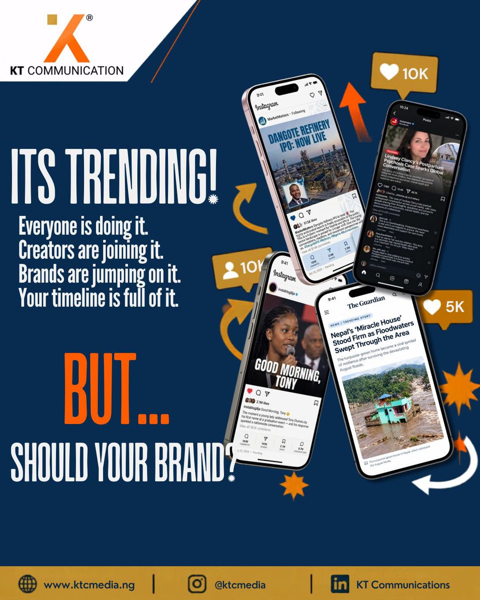 KTCmediaNG's tweet photo. Just because something is trending doesn't mean your brand needs to be part of it.

The real question isn't "Can we join the trend?"

It's: "Can we make the trend make sense for us?"

This week, we're putting [TREND] under the KTC microscope.

Our verdict is on slide 6 https://t.co/k2BQXMVtiM