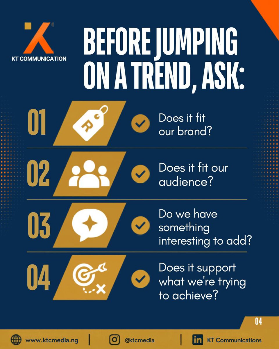 KTCmediaNG's tweet photo. Just because something is trending doesn't mean your brand needs to be part of it.

The real question isn't "Can we join the trend?"

It's: "Can we make the trend make sense for us?"

This week, we're putting [TREND] under the KTC microscope.

Our verdict is on slide 6 https://t.co/k2BQXMVtiM