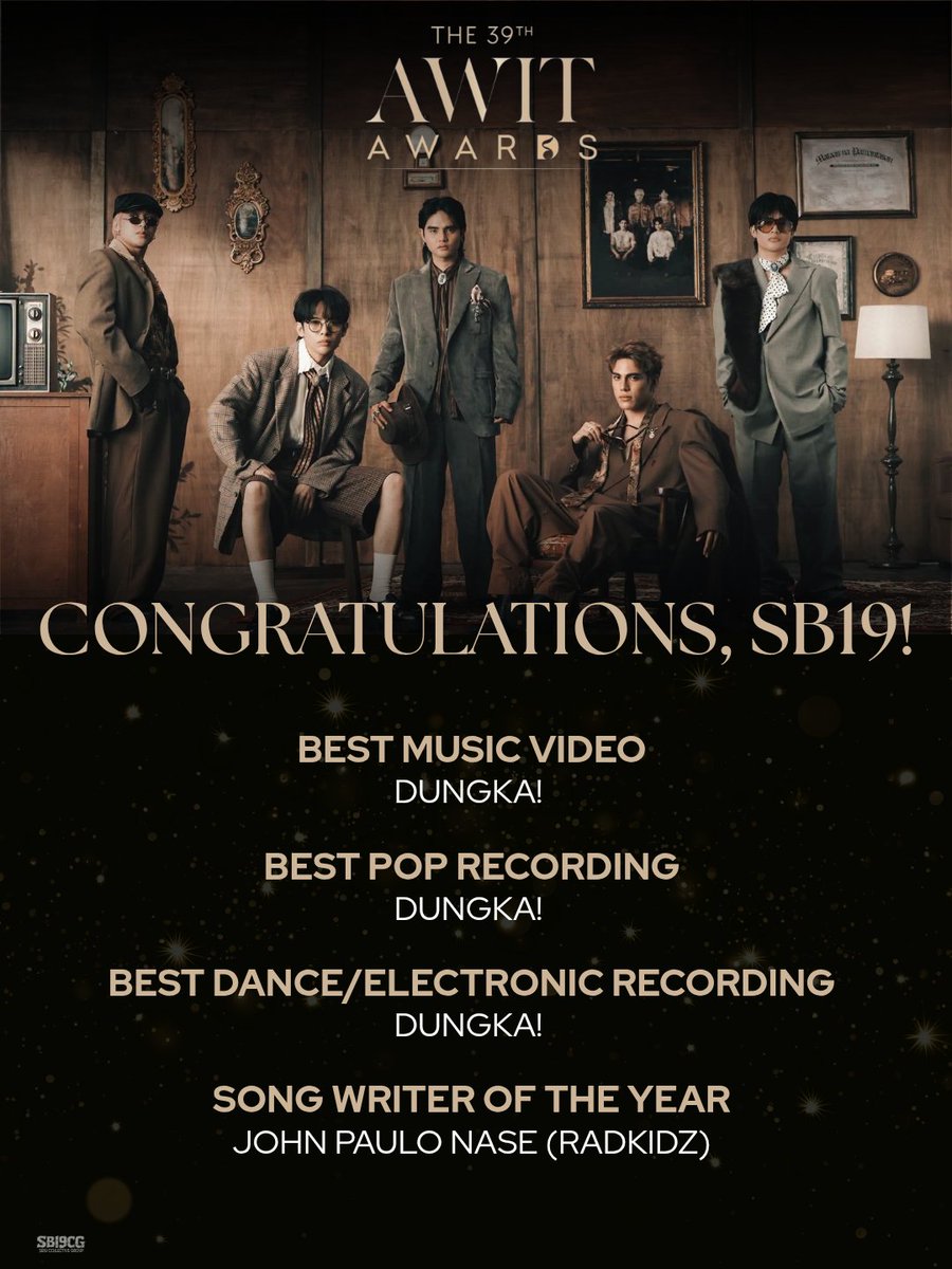 SB19CG's tweet photo. Bagging 4 awards at the 39th Awit Awards:

🔹Best Music Video — DUNGKA!

🔹Best Pop Recording — DUNGKA!

🔹Best Dance/Electronic Recording — DUNGKA!

🔹Songwriter of the Year — John Paulo Nase (RADKIDZ)

A well-deserved recognition of your artistry, talent, and hard work. Congratulations, SB19 and Pablo! 🥹 More wins to come! 

SB19 ON AWIT AWARDS
@SB19Official #SB19
#SB19_OPMExcellenceInAwit2026