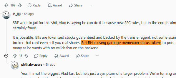 commando100x's tweet photo. Normies on Reddit are calling memecoins on Robinhood, "Garbage Coins"

They think it's a scheme done by Vlad to print more money and a lot of people are upvoting it

Perfect way to meme stock tokens.

Pairing it to RH on SOL

https://t.co/GEq4q3WCx3 https://t.co/o07ATxl3AI