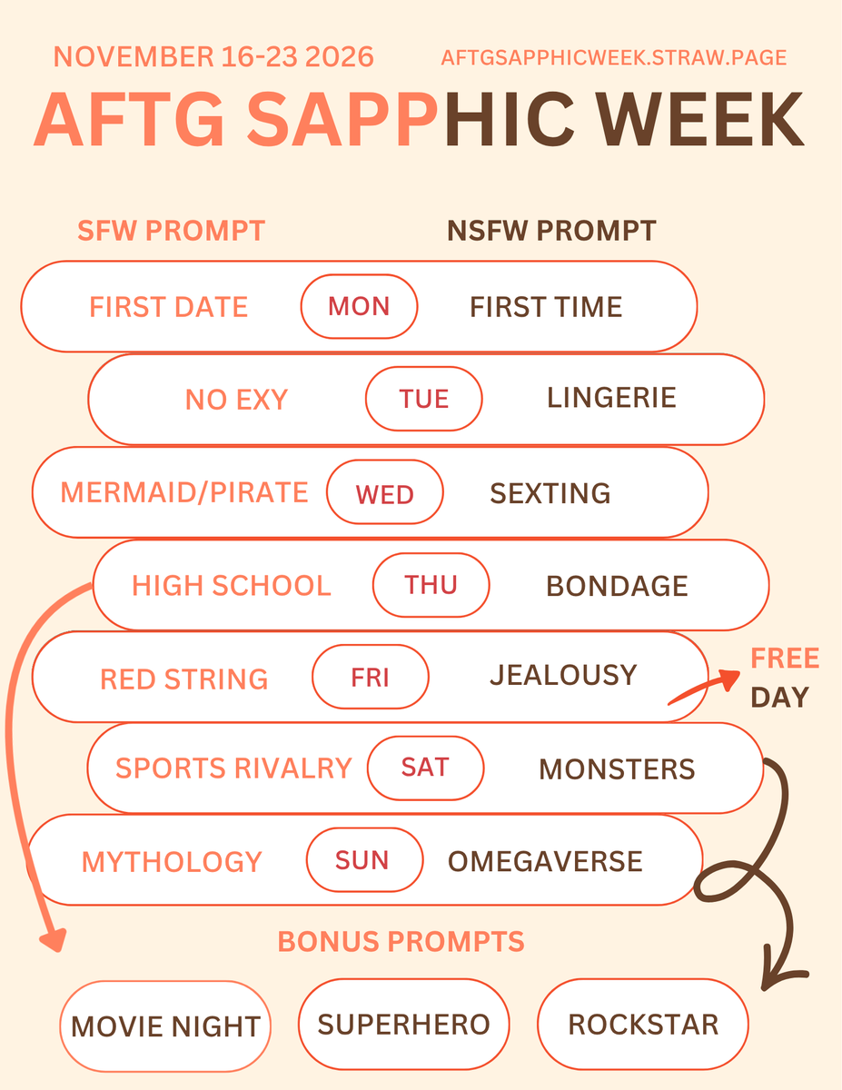 aftgsapphicweek's tweet photo. Hi everyone! Here are the rules, dates, prompts, and some little info about AFTG Sapphic Week, which will take place Nov 16-22nd! Super excited to celebrate with you all! 

come chat with us if you have any questions! https://t.co/HZOFRUdQ1G https://t.co/RFIoC9murY