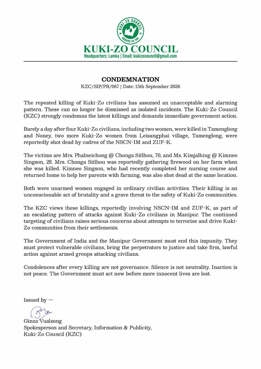 minkukizo's tweet photo. Saikul MLA Pi Kimneo Hangshing, the Kuki-Zo Council, and KSO City Branches condemn the brutal murder of two Kuki women by NSCN-IM and its proxy, ZUF-K, at Leisangphai, Tousem Sub-Division, Tamenglong.

@HMOIndia @PMOIndia @volker_turk @UNHumanRights @UNPOintl @India_NHRC @ncsthq @UN_Women @unwomenindia @NCWIndia