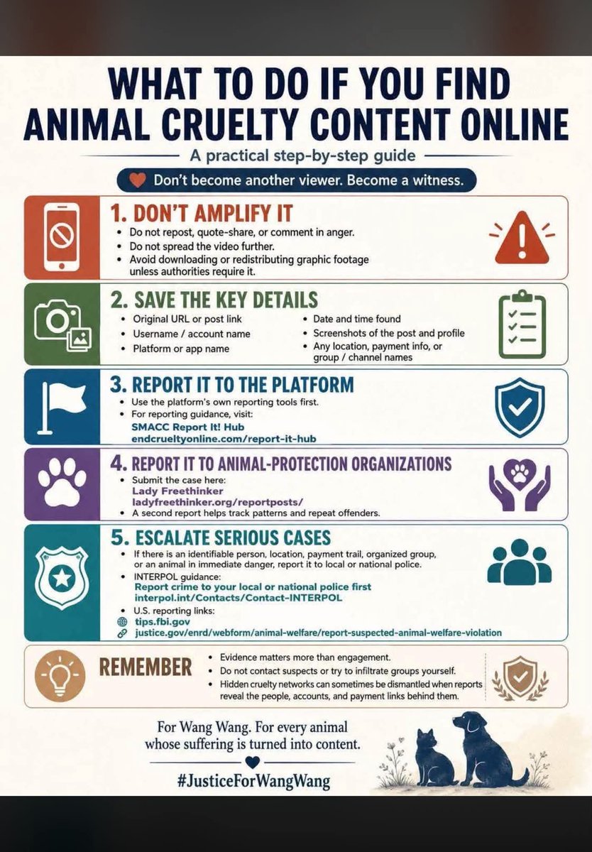 halrosiec's tweet photo. I've seen posters about how to report animal cruelty content making the rounds online, but I DO have one thing I would like to point out: If you plan to notify law enforcement about animal abuse/torture content DO NOT REPORT THE PROFILE TO THE PLATFORM!!!

I know it may seem counterintuative BUT keep this in mind: if the profile is taken down it makes it harder for law enforcement to track the creator and gather evidence for a criminal case. These scumbags deserve jail and a trip through a woodchipper, so let's do our best to make that happen, k?

(And please keep something in mind, if you report a profile and notice that it's staying up, it might be because they're conducting an investigation in the background. You just never know.)

The best thing to do is to take screenshots and send everything to the agency who handles crimes like this in your country. 

AND FOR THE LOVE OF ALL THAT IS HOLY DO NOT ENGAGE WITH THEM!!!!!!

Here in the US we have several options including the #fbi, the Internet Crime Complaint Center (yes, that is a thing), and the US Department of Justice's Energy and Natural Resources Division. 

And if you all know the appropriate agency to contact in your home country please comment below so we can all know and share. =3

#justiceforwangwang #wangwang #stopanimalcruelty #boycottchina #stopanimalcrueltyinchina #BoycottChina #enactanimalcrueltylaws #JusticeforCowcat #animalwelfare