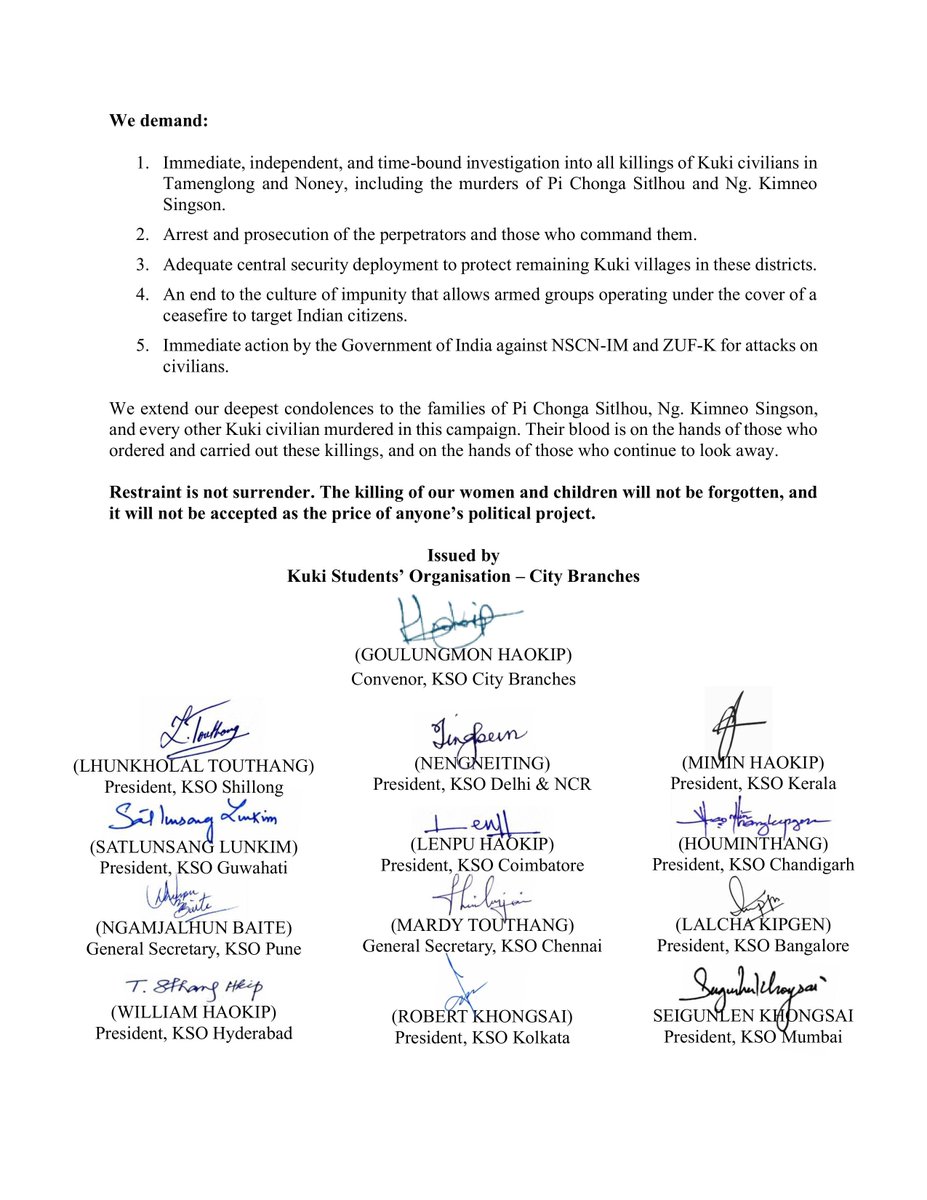 minkukizo's tweet photo. Saikul MLA Pi Kimneo Hangshing, the Kuki-Zo Council, and KSO City Branches condemn the brutal murder of two Kuki women by NSCN-IM and its proxy, ZUF-K, at Leisangphai, Tousem Sub-Division, Tamenglong.

@HMOIndia @PMOIndia @volker_turk @UNHumanRights @UNPOintl @India_NHRC @ncsthq @UN_Women @unwomenindia @NCWIndia