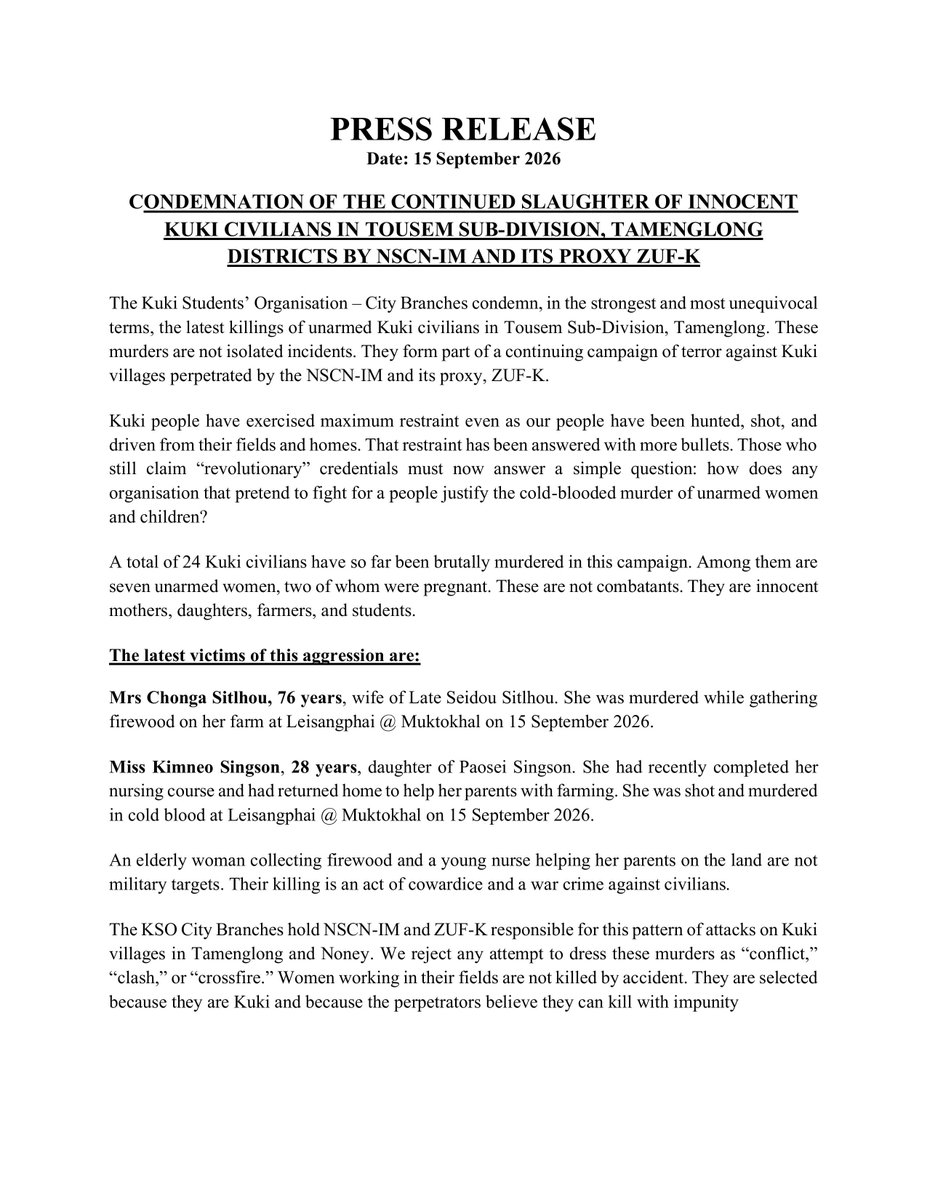 minkukizo's tweet photo. Saikul MLA Pi Kimneo Hangshing, the Kuki-Zo Council, and KSO City Branches condemn the brutal murder of two Kuki women by NSCN-IM and its proxy, ZUF-K, at Leisangphai, Tousem Sub-Division, Tamenglong.

@HMOIndia @PMOIndia @volker_turk @UNHumanRights @UNPOintl @India_NHRC @ncsthq @UN_Women @unwomenindia @NCWIndia