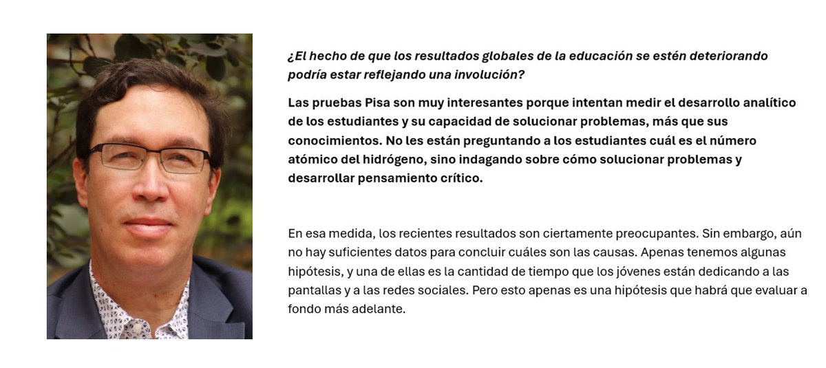 Cardenas_JorgeH's tweet photo. Felipe Barrera, ex Fedesarrollo y profesor Vanderbilt y entrevistado por Mauricio Reina @ELTIEMPO , dice algo importante sobre las pruebas Pisa. Estas pruebas mas que conocimientos miden capacidad de resolver problemas. Luego son críticas para predecir competencias estudiantiles. https://t.co/Lxo5n3VbhR