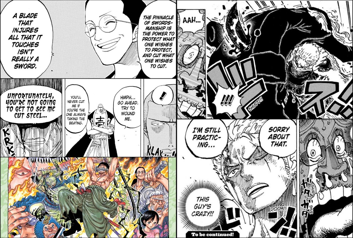 seanynr's tweet photo. 194: "Cutting Steel"
1094: Shimotsuki Color Spread, including Zoro using Conquerors Haki infusion, the only Haki color Oda colored himself
1194: Zoro consciously using Conquerors Haki infusion for the first time? Potential Mihawk flashback? https://t.co/xVm38i5Fku
