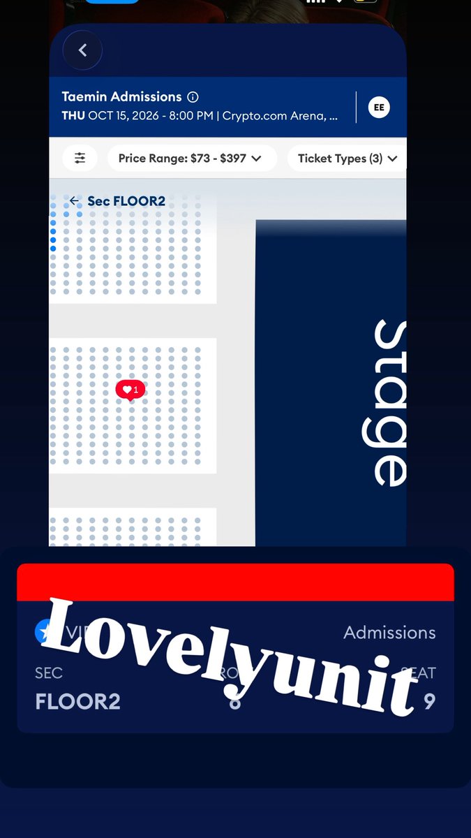 LovelyUnit's tweet photo. WTS Taemin LA Ticket Section B row 6 seat 9 ready to transfer selling because I got a better seat #WTS  asking for 400 which is 50 bucks above retail, feel free to message me need this gone asap for moving fees https://t.co/UHQhGZQiga