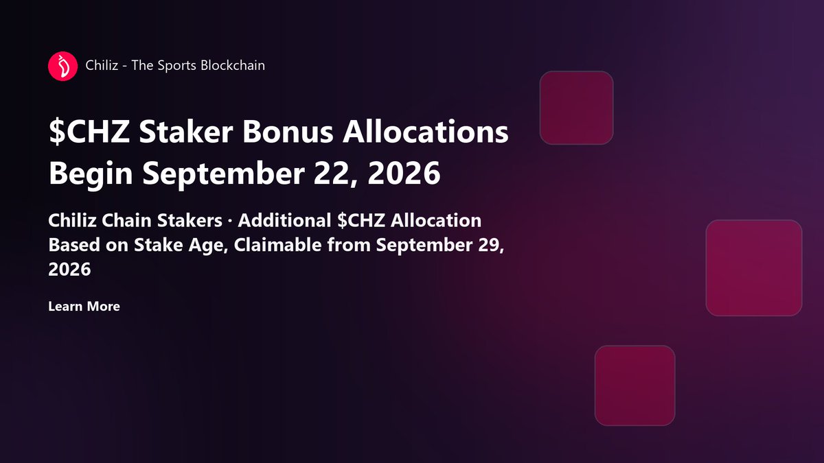 chellezsportsch's tweet photo. CHZ Staker Bonus Allocations Begin September 22, 2026.

Chiliz Chain Delegators qualify for an Additional CHZ Allocation based on Stake Age, with Claims Opening September 29, 2026.

See Your Staker Bonus ⤵️
https://t.co/5mOMw3mkF8 https://t.co/VnZpRCpkxs