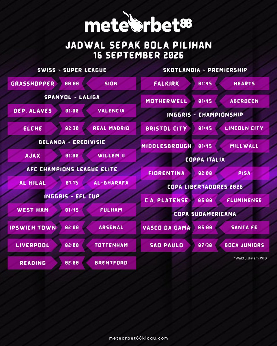 bola_meteor's tweet photo. METEORBET88
JADWAL SEPAK BOLA PILIHAN : 16 SEPTEMBER 2026

BERITA BOLA LENGKAP : https://t.co/DGJnkkOmIW
CHANNEL BOLA : https://t.co/OtGSRNcyvZ https://t.co/qVzAWacvVa