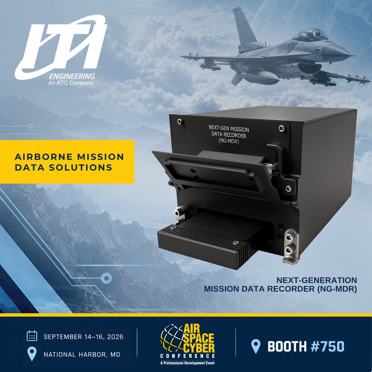 ITIEngineering's tweet photo. The Air, Space & Cyber Conference is underway, and ITI Engineering is highlighting the Next-Generation Mission Data Recorder (NG-MDR), designed to meet the evolving data recording needs of fixed-wing platforms.

The NG-MDR provides reliable mission data recording while simplifying post-flight data access and review. Its adaptable design supports integration across a range of aircraft systems and requirements.

Purpose-built for demanding airborne environments, the NG-MDR delivers the performance and accessibility needed for today’s missions.

Visit the team at Booth 750 to learn more about the NG-MDR and ITI’s airborne solutions.

#AFANational