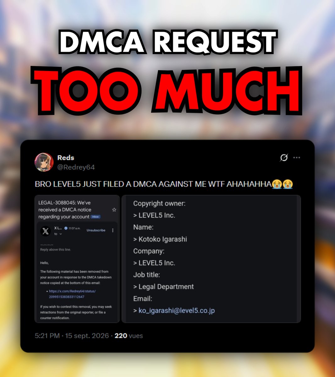 YonetWatch's tweet photo. 🚨 LEVEL5 a déposé une demande de DMCA auprès de X contre un utilisateur (@/Redrey64). La raison ? Il avait posté un montage vidéo sarcastique montrant le chibi IA de Akihiro Hino en train de cuire dans une poêle d'huile d'olive.

De 1 : Le DMCA sert uniquement à protéger les droits d'auteur. Or, cette vidéo parodique ne les violait pas.

De 2 : C'est extrêmement grave de s'en prendre à quelqu'un pour une simple vidéo humoristique. Si c'est véritablement l'objectif de LEVEL5, des milliers de comptes vont sauter, dont le nôtre.

LEVEL5, il est temps de revoir vos priorités, et vite. Vous arrivez au point de non-retour.