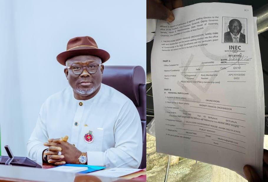 RealNorthe's tweet photo. INEC Data Shows Delta APC Governor Sheriff Oborevwori, Just Like Bola Tinubu, Has No Primary, Secondary or BSc Certificates, Yet Miraculously Secures Master’s Degree in Political Science To Seek Re-Election https://t.co/Z02DDBmIpn