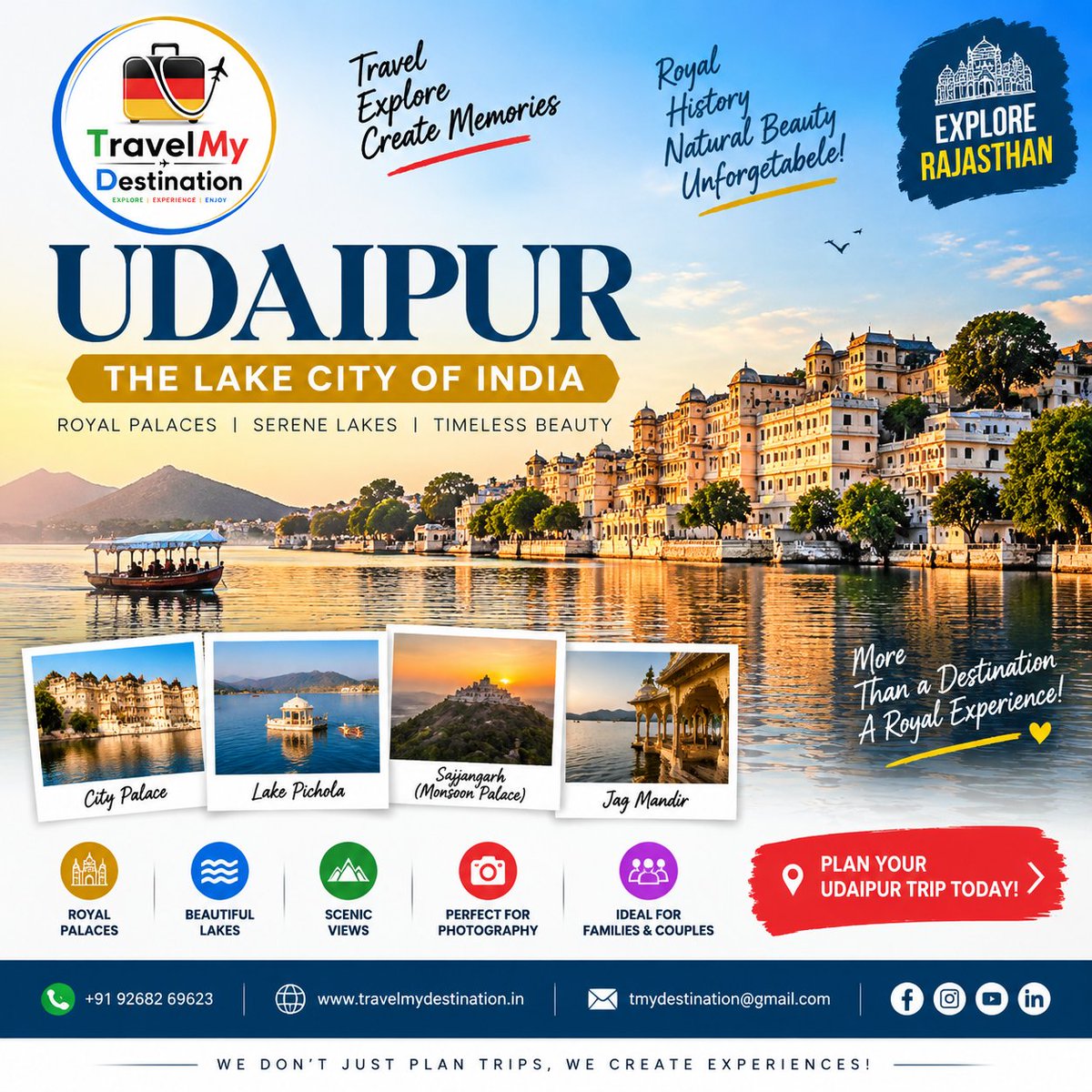 TMydestination's tweet photo. 🏰🌊 UDAIPUR — THE LAKE CITY OF INDIA 🌊🏰

✨ DISCOVER THE ROMANTIC BEAUTY OF RAJASTHAN!

📞 Call / WhatsApp: +91 92682 69623
🌐 https://t.co/oECrD2YMk6
📧 tmydestination@gmail.com
.
.
.
.
.
.
.
.
.
.
#TravelMyDestination #Udaipur #UdaipurTourism #UdaipurTrip #UdaipurTravel https://t.co/djfd2zvaz8
