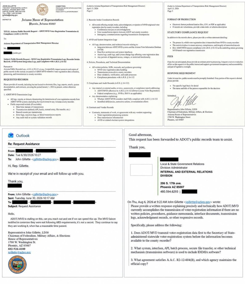 AzRepGillette's tweet photo. More MVD -SOS ..... GLITCH..
Long post ⚠️ 

What the MAINSTREAM won't tell We the People. I  have shared it, they refuse to report  it. 

 Excuse "Too Complicated " for the public. 

This is what I warned people about, my assumptions in Committee hearings were 100% correct. 

 The mismatch, in matching logic, duplicates, MVD and SOS failure to follow statute. Failure to answer public records request. 

 Democrats even called me a liar, said I was making this up, AVID has been restricted function to Recorders in the 90 day window This also proves the Recorder does not transmit within 5 days.

I asked requested all the information.  One overarching question  to  MVD , demonstrate in policy, training documents, rules and event logs that show you are following Arizona Election Law. 

The replied " No responsive Record". 
 
A.R.S. §16-165(G) does not require notification whenever two computer strings are different. It directs the SOS  to notify the recorder when a registered voter "has changed the person's residence address" or is not a U.S. citizen. 

Fontes has no clue, if anyone has moved or not. 

A.R.S. §16-168(J) requires SOS to administer the statewide database, requires electronic transmission between counties and the state, requires compatibility with HAVA, and specifically requires provisions for removing duplicates and ensuring eligible voters are not removed in error. 

The AVID project's own records show that the MVD interface was problematic during development. In 2019 the state described an unanticipated MVD change requiring a new interface between AVID and ServiceArizona.

That matters because A.R.S. §16-168(I) expressly requires the county recorders and Secretary of State to protect access to voter-registration information “in an auditable format and method.”
 
We also previously identified recurring duplicate/mismatch mechanisms involving legacy VRAZ-II migration, conservative matching criteria, MVD reconciliation issues, address variations, differences in county workflow, and active/inactive record coexistence.

My next post on this will show you what MVD and Fontes are hiding!