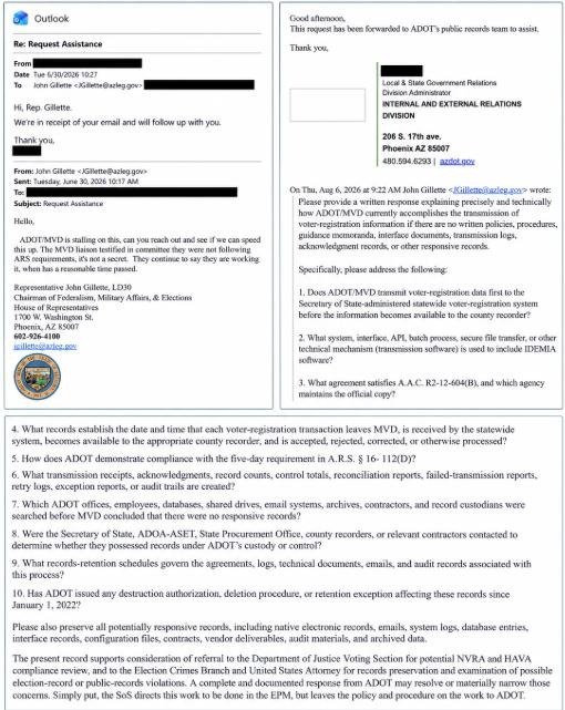 AzRepGillette's tweet photo. More MVD -SOS ..... GLITCH..
Long post ⚠️ 

What the MAINSTREAM won't tell We the People. I  have shared it, they refuse to report  it. 

 Excuse "Too Complicated " for the public. 

This is what I warned people about, my assumptions in Committee hearings were 100% correct. 

 The mismatch, in matching logic, duplicates, MVD and SOS failure to follow statute. Failure to answer public records request. 

 Democrats even called me a liar, said I was making this up, AVID has been restricted function to Recorders in the 90 day window This also proves the Recorder does not transmit within 5 days.

I asked requested all the information.  One overarching question  to  MVD , demonstrate in policy, training documents, rules and event logs that show you are following Arizona Election Law. 

The replied " No responsive Record". 
 
A.R.S. §16-165(G) does not require notification whenever two computer strings are different. It directs the SOS  to notify the recorder when a registered voter "has changed the person's residence address" or is not a U.S. citizen. 

Fontes has no clue, if anyone has moved or not. 

A.R.S. §16-168(J) requires SOS to administer the statewide database, requires electronic transmission between counties and the state, requires compatibility with HAVA, and specifically requires provisions for removing duplicates and ensuring eligible voters are not removed in error. 

The AVID project's own records show that the MVD interface was problematic during development. In 2019 the state described an unanticipated MVD change requiring a new interface between AVID and ServiceArizona.

That matters because A.R.S. §16-168(I) expressly requires the county recorders and Secretary of State to protect access to voter-registration information “in an auditable format and method.”
 
We also previously identified recurring duplicate/mismatch mechanisms involving legacy VRAZ-II migration, conservative matching criteria, MVD reconciliation issues, address variations, differences in county workflow, and active/inactive record coexistence.

My next post on this will show you what MVD and Fontes are hiding!
