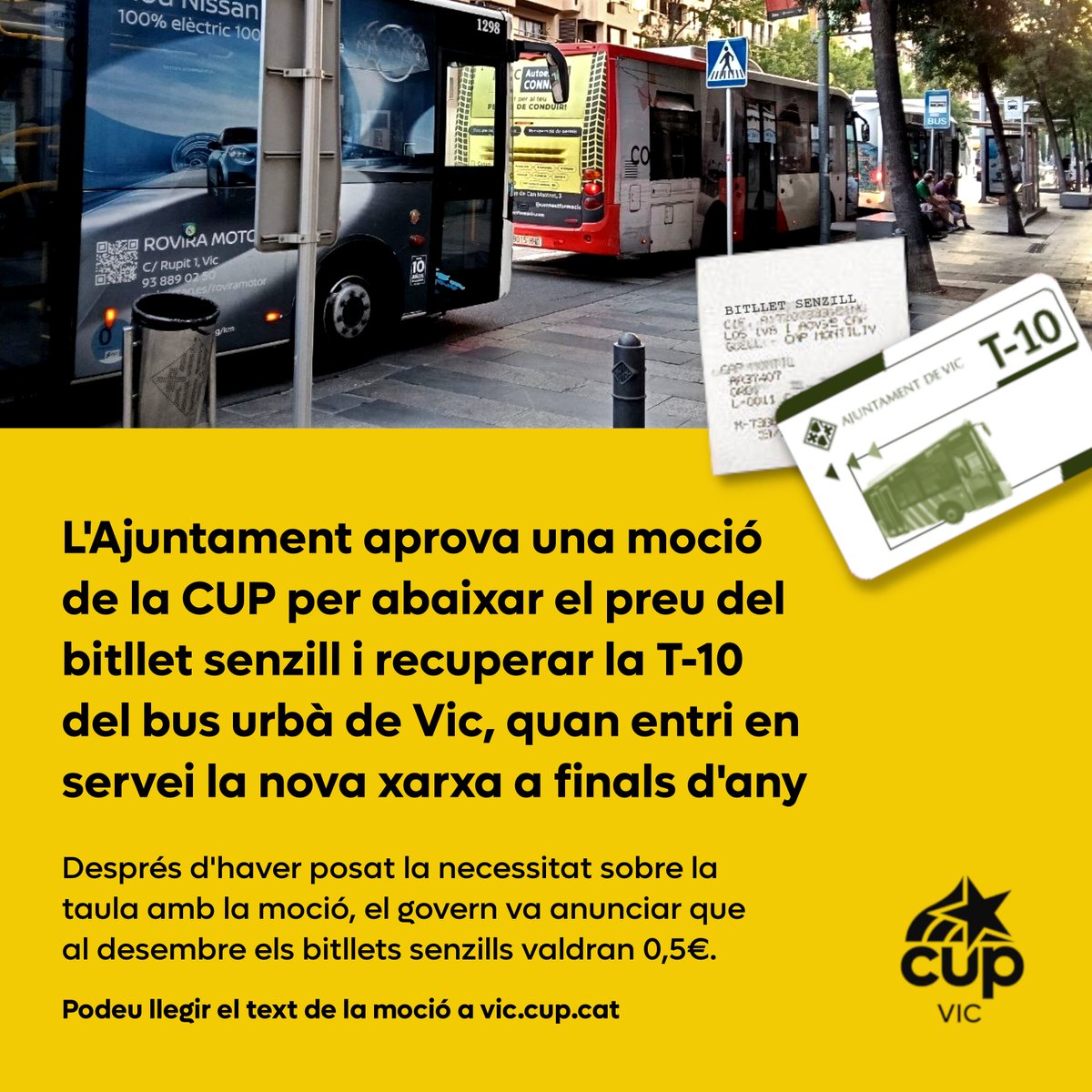 cupvic's tweet photo. 🎟️🚍 Al #PleVic d'ahir, l'@aj_vic va aprovar una moció de la CUP per abaixar el preu del bitllet senzill i recuperar la T-10 del bus urbà de Vic, quan a finals d'aquest any entri en servei la nova xarxa que s'està reestructurant. 

📄 Més informació a https://t.co/srqO3ozlQQ #Vic https://t.co/2Pp1vaKy9n