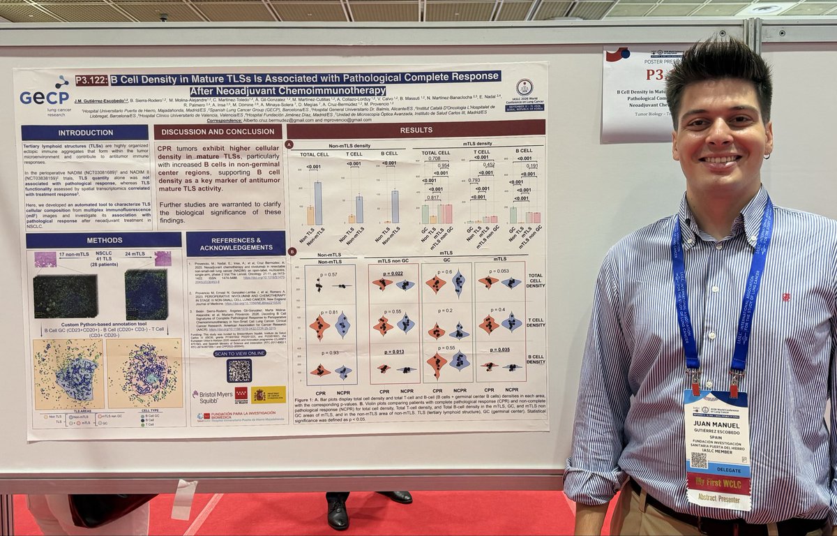 JuanManuel_GE's tweet photo. Today, I had the great opportunity to present our work, “B Cell Density in Mature Tlss Is Associated With Pathological Complete Response After Neoadjuvant Chemoimmunotherapy,” at #WCLC26 in Seoul, Korea 🇰🇷

Many thanks to @gecp_org and @IASLC for the opportunity and support! https://t.co/TIFDsdhwpD