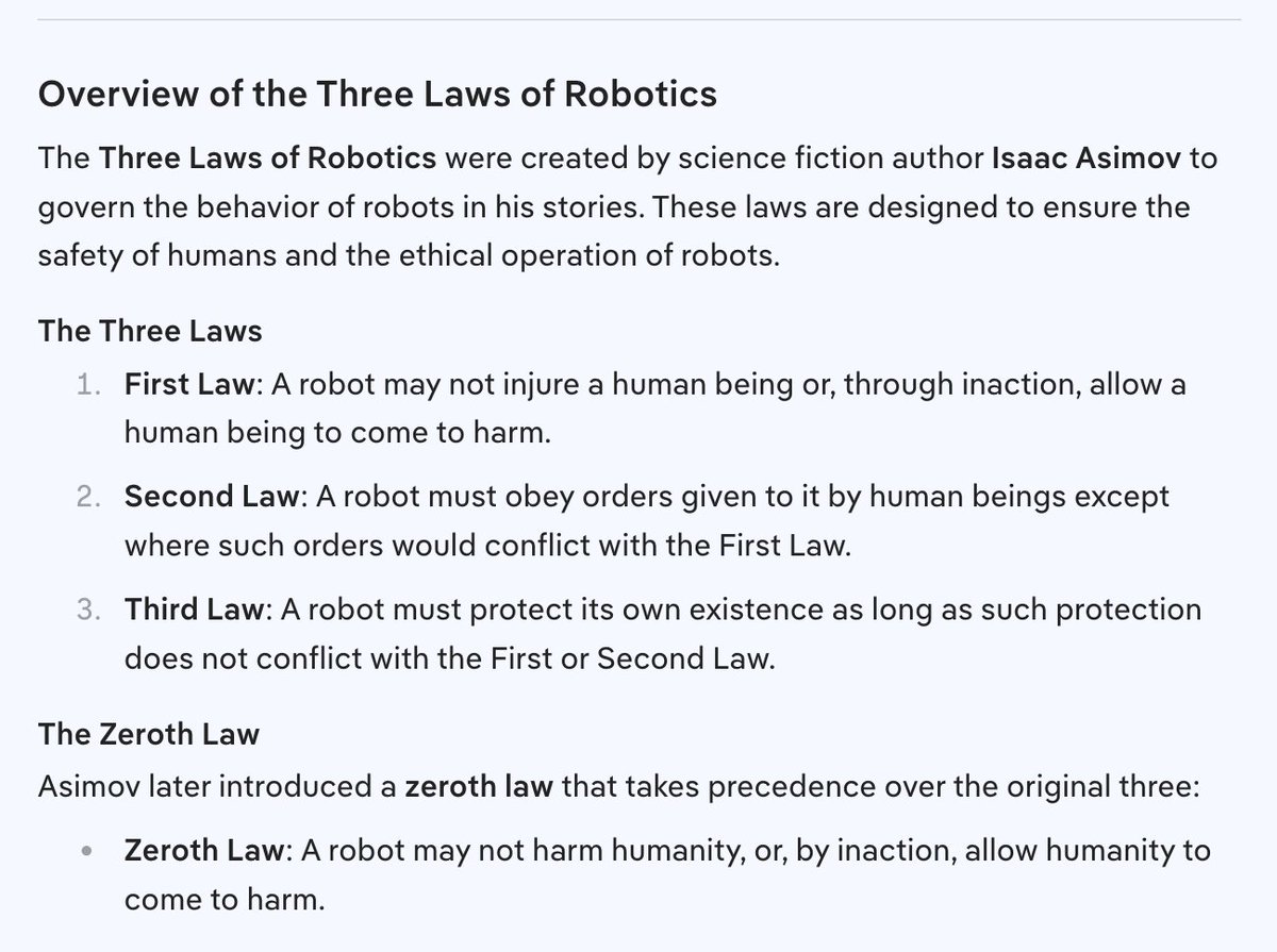 tyler's tweet photo. You don't need the government to tell you how to make AI safe. These questions were asked and answered by Isaac Asimov in the 1940s. The frontier labs can hardcode Asimov's Laws of Robotics into their models today. What are they waiting for? https://t.co/gPv1Pg0dqZ