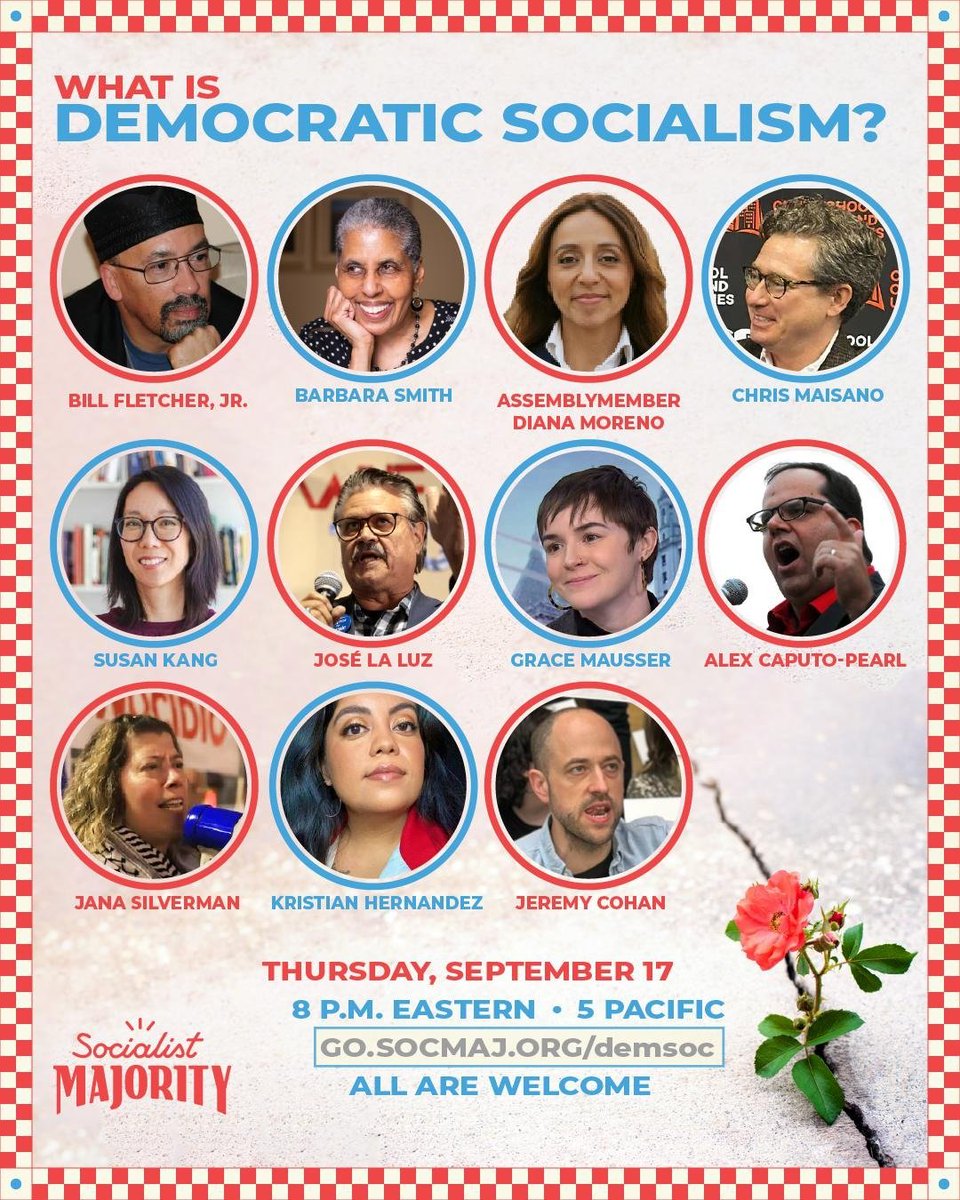 DSASocMaj's tweet photo. This Thursday at 8pm ET/5pm PT, join Socialist Majority, 
@DianaforQueens, Barbara Smith, @DrSusanLK, and more for a discussion of democratic socialism!

All are welcome, go to https://t.co/HjK3e5HpUP to RSVP! https://t.co/AUQxsAJQ8Y