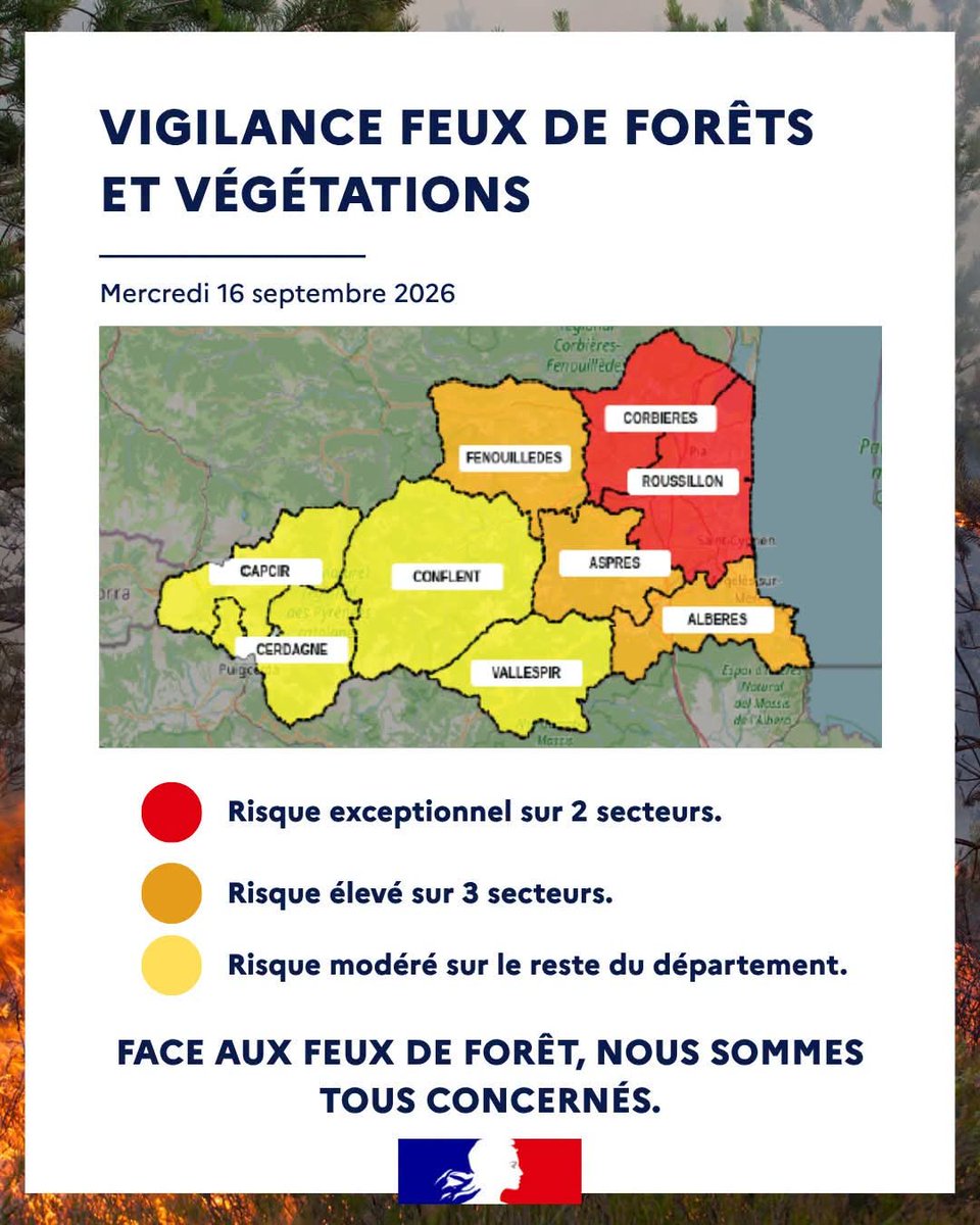 Image de Préfet des Pyrénées-Orientales - 🔴 #VigilanceRouge - Risque feux de forêt – Mercredi 16 septembre 2026
⛔️ En raison des conditions
